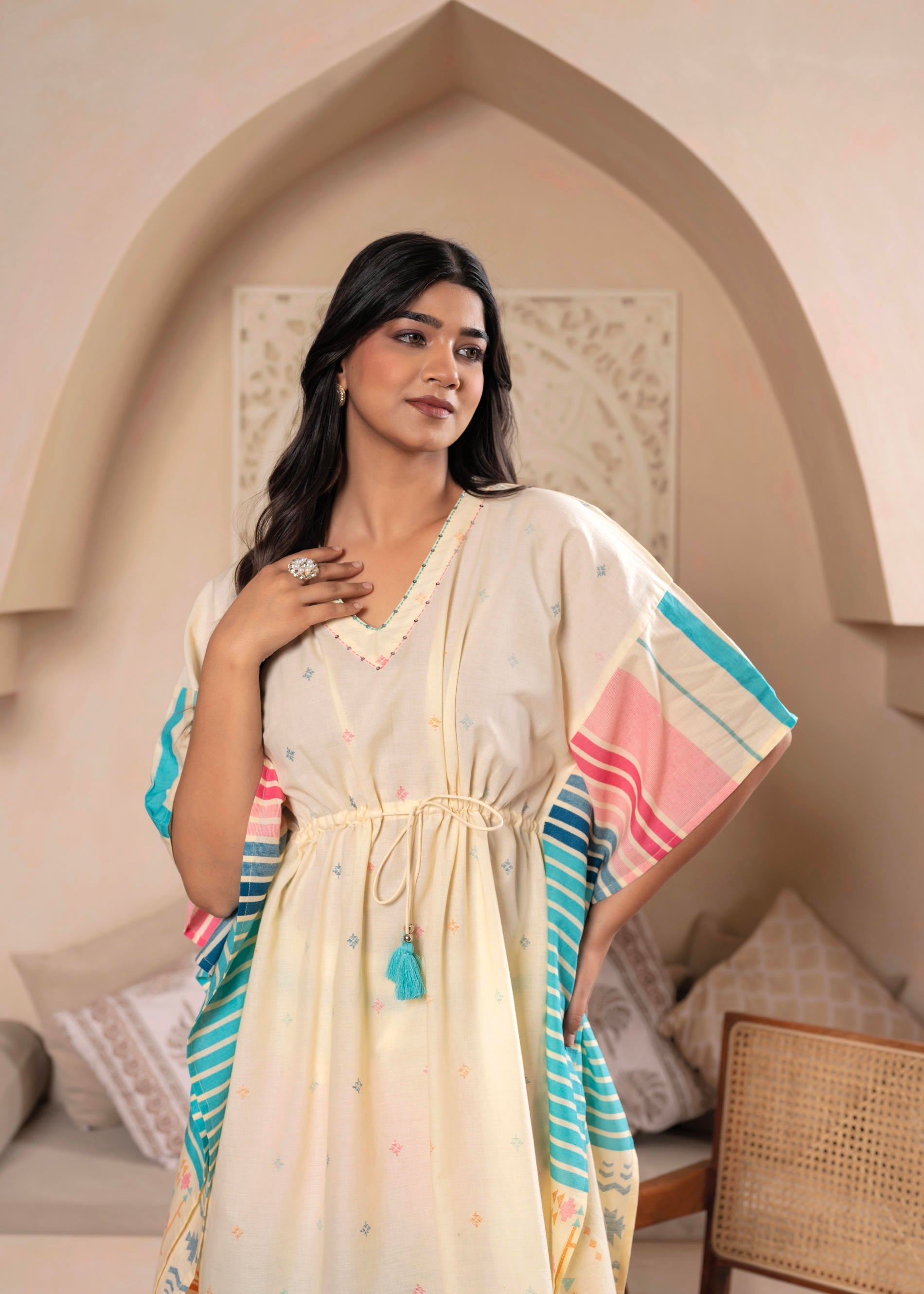 Juniper Ivory Printed Kaftan-Style Kurta Set with Drawstring Waist and Tribal Pastel Print