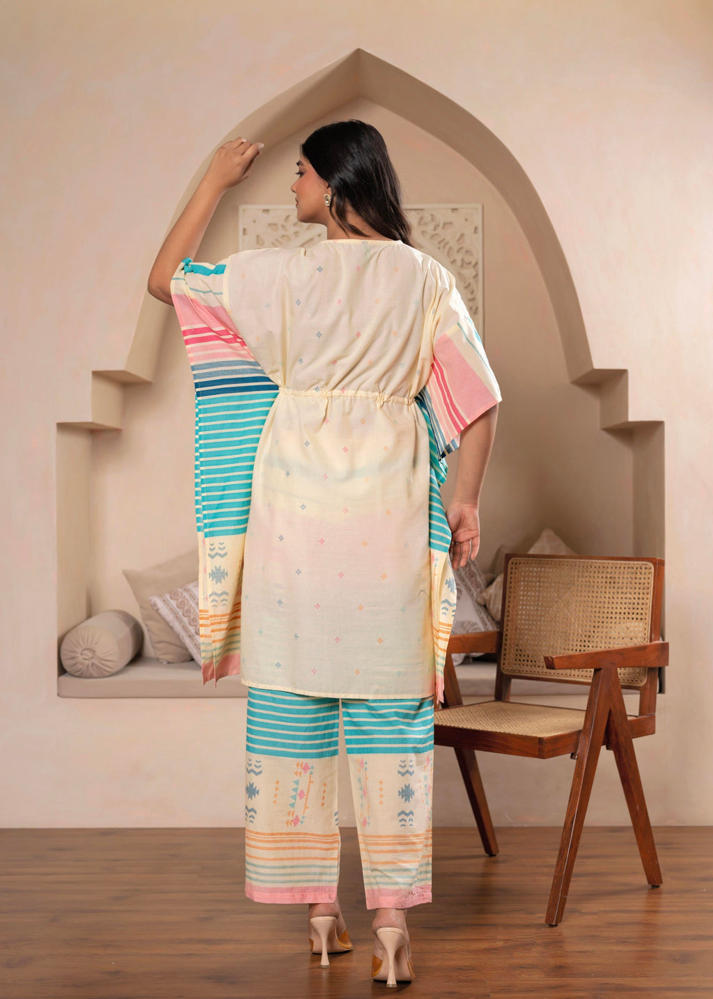 Juniper Ivory Printed Kaftan-Style Kurta Set with Drawstring Waist and Tribal Pastel Print