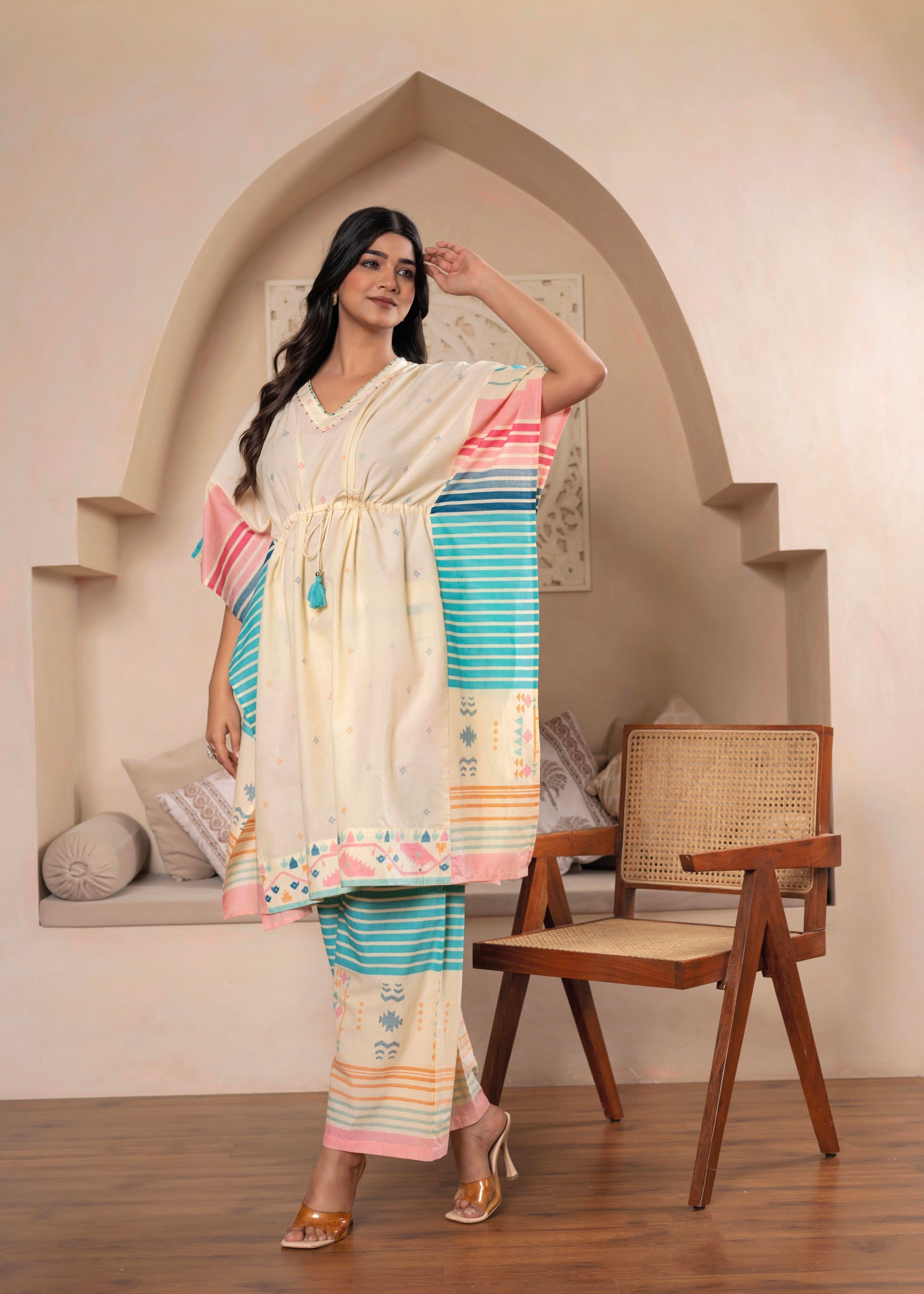 Juniper Ivory Printed Kaftan-Style Kurta Set with Drawstring Waist and Tribal Pastel Print