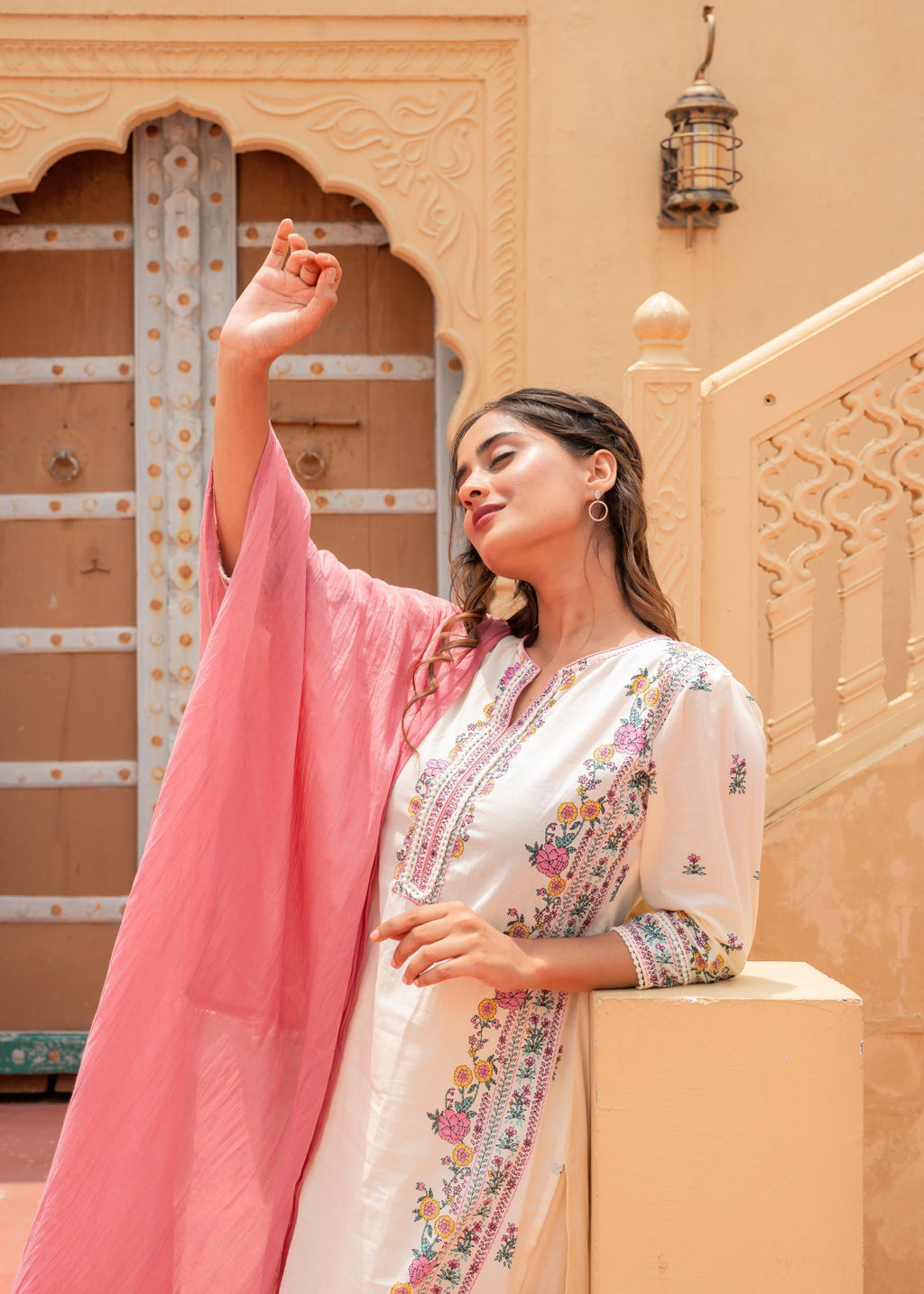 Juniper Soft Pastel Floral Printed Ivory Kurti Set