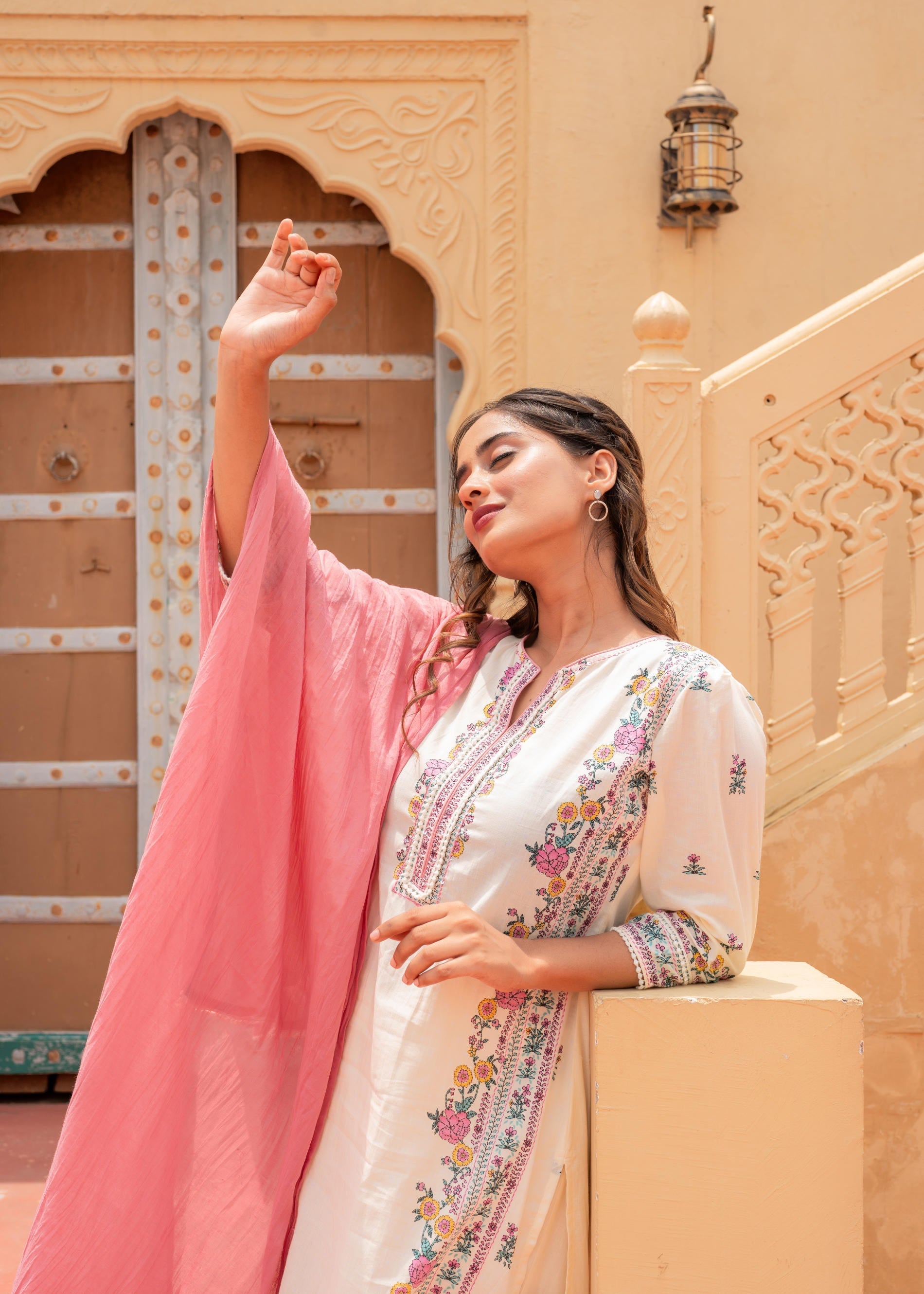 Juniper Soft Pastel Floral Printed Ivory Kurti Set