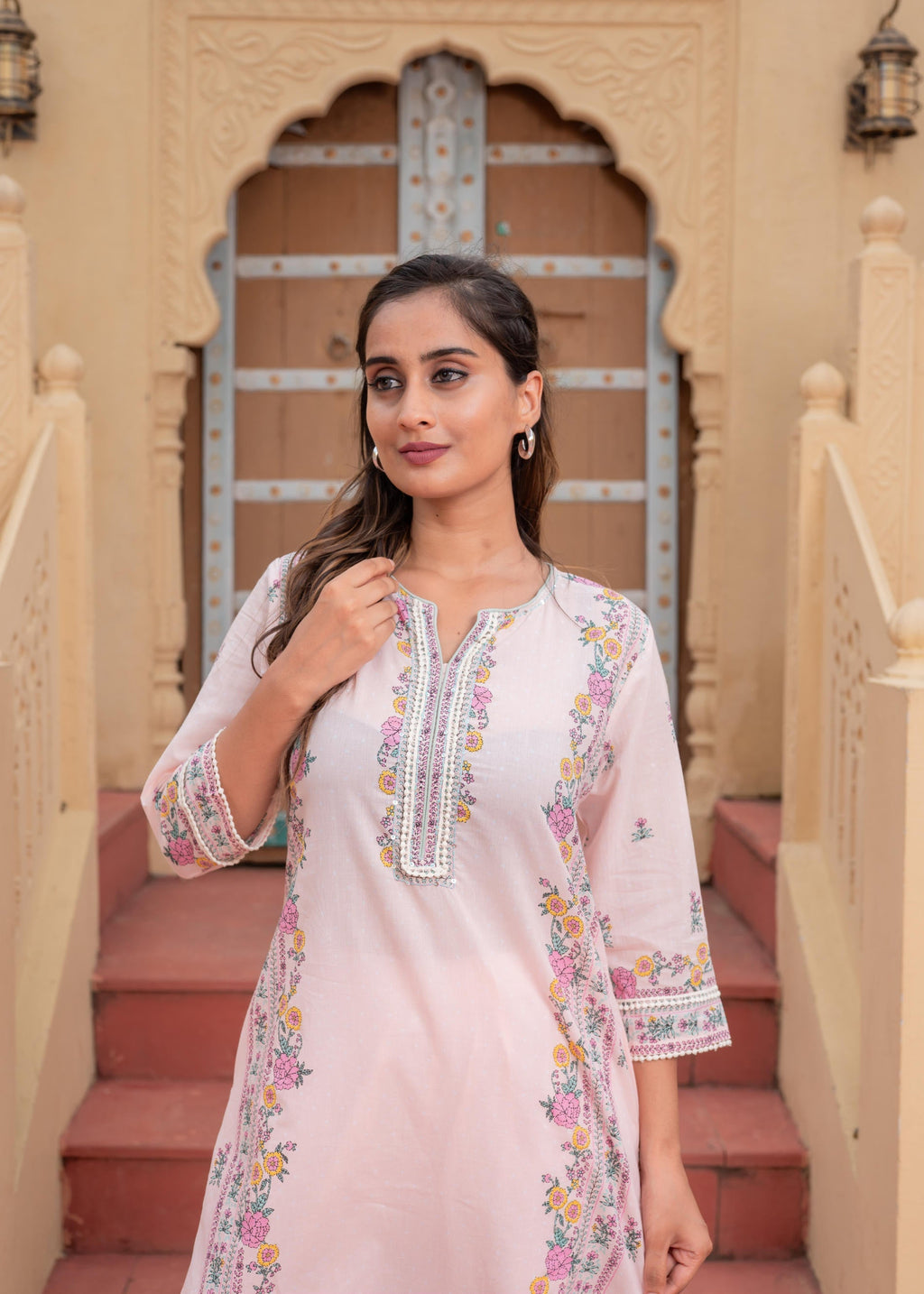 Juniper Soft Pastel Floral Printed Onion Pink Kurti Set