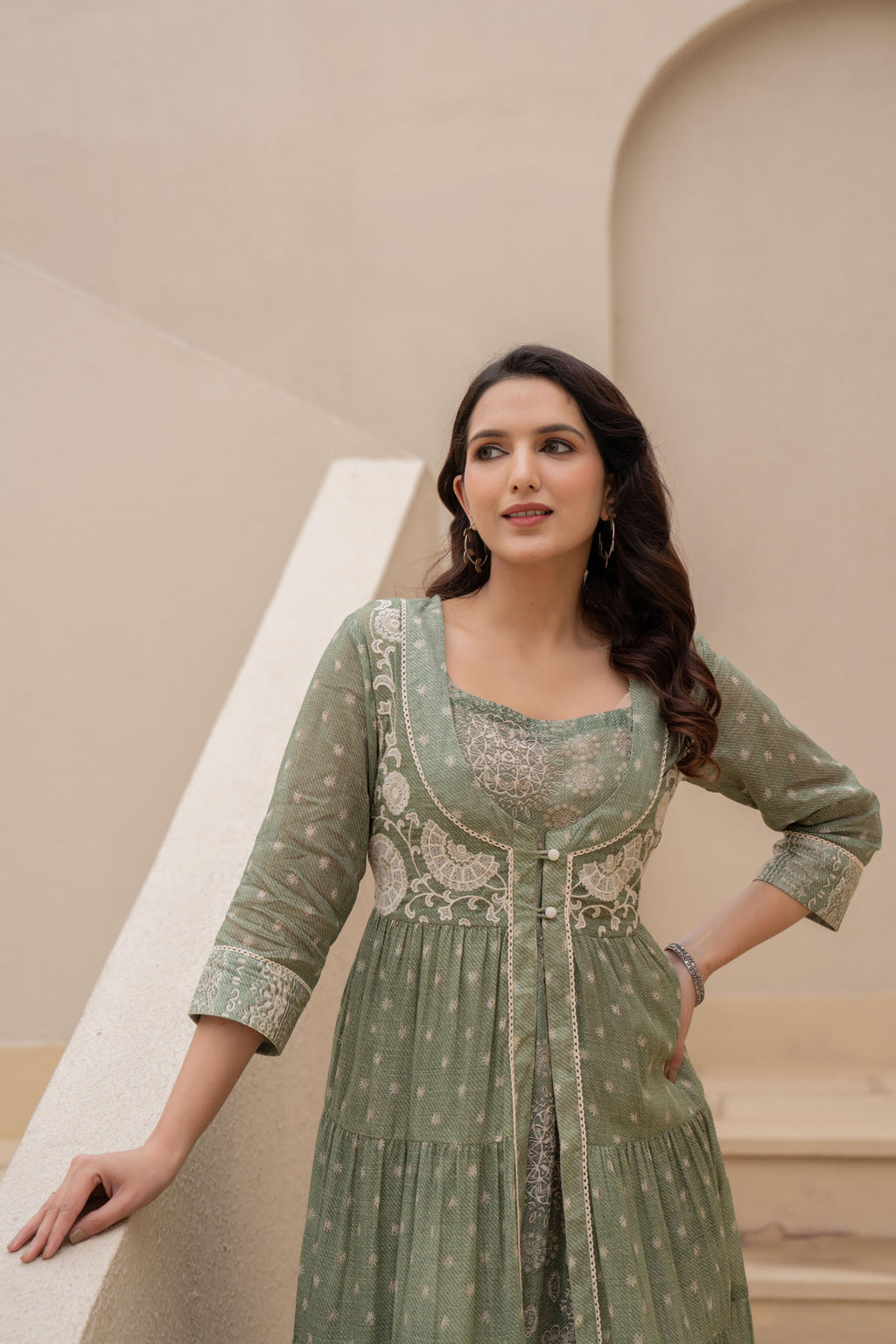 Juniper Azure Green Whispers Boho Tiered Anarkali Dress