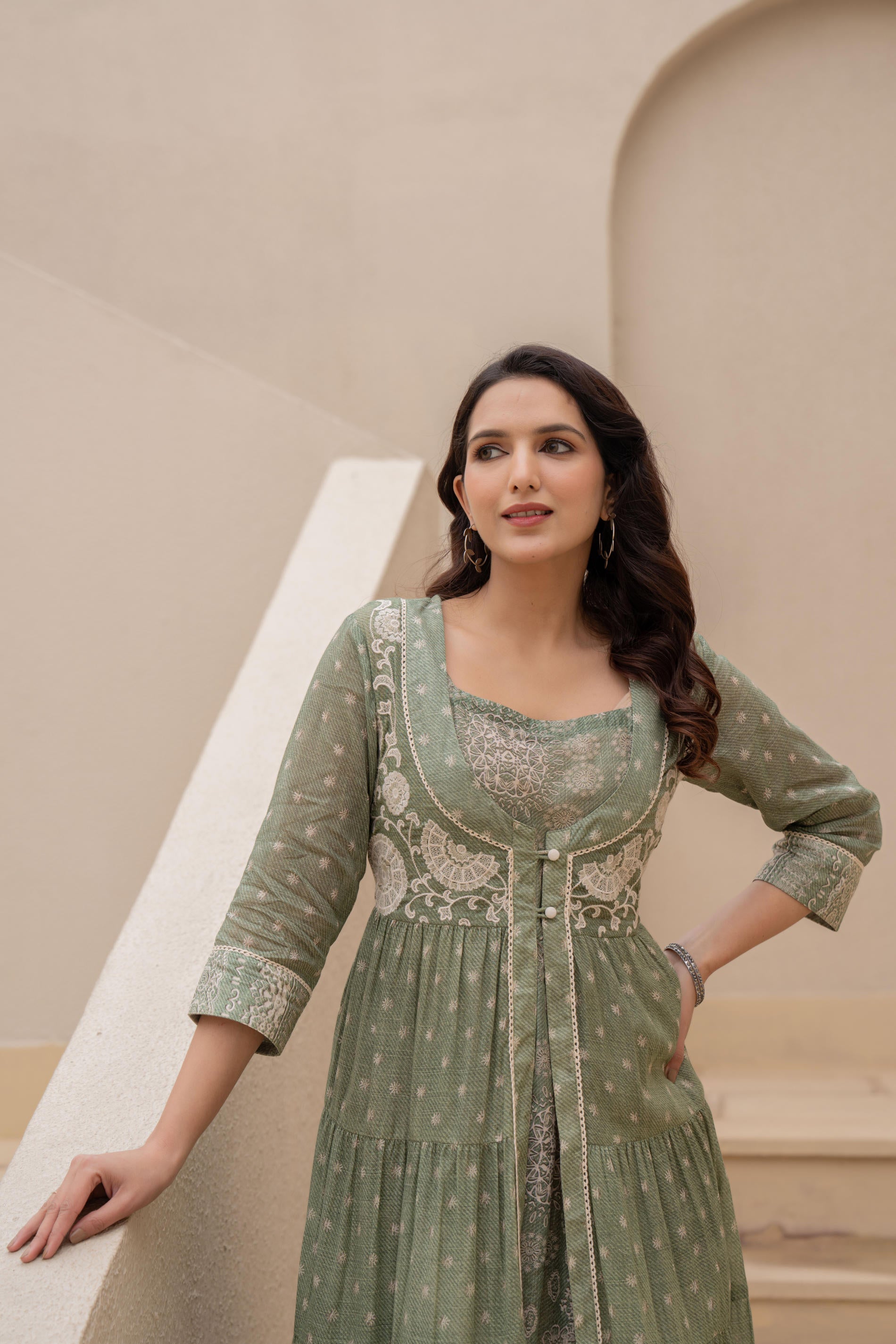 Juniper Azure Green Whispers Boho Tiered Anarkali Dress