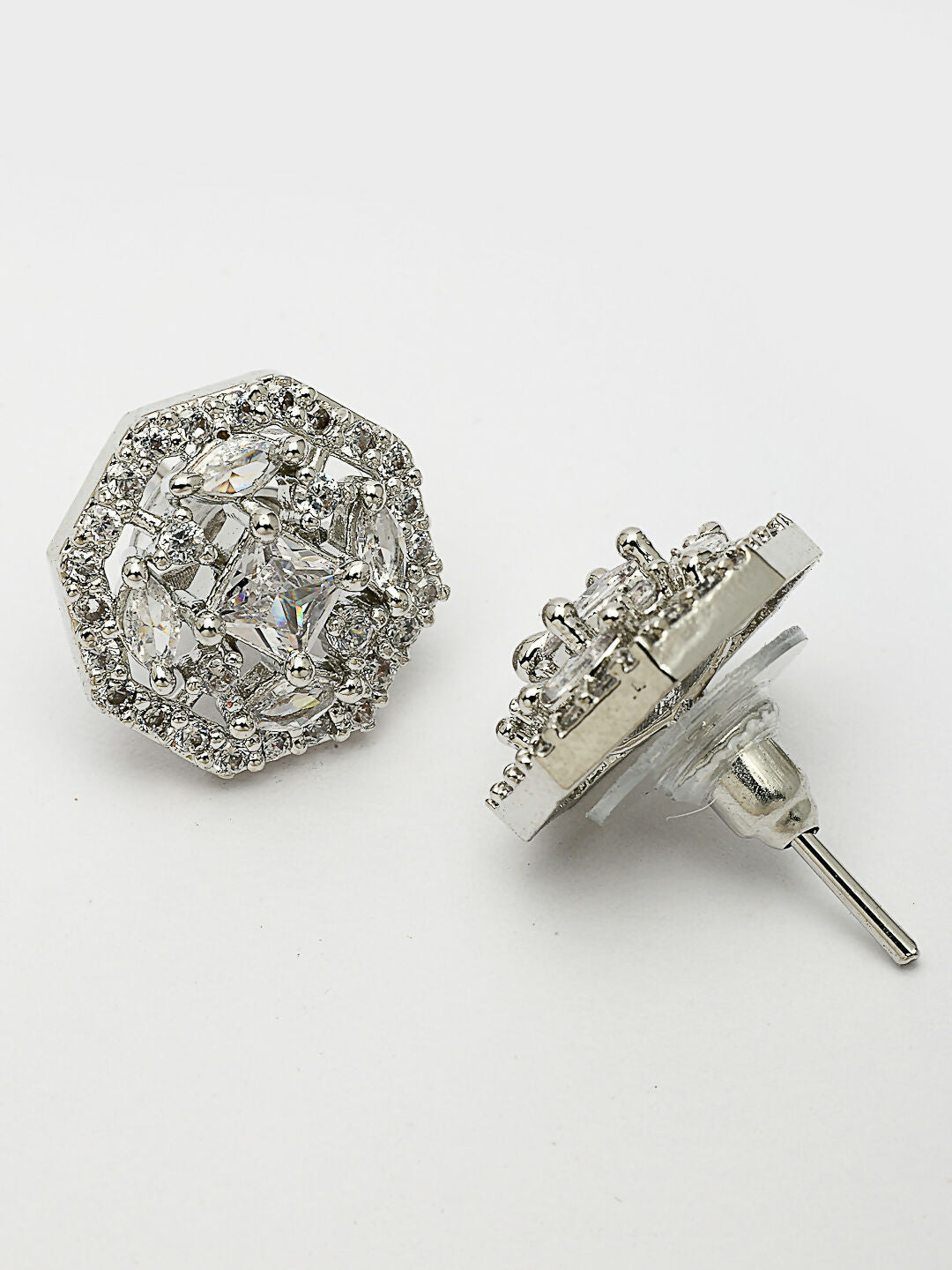 NVR Women's Silver-Plated AD- Studded Circular Shaped Studs Earring