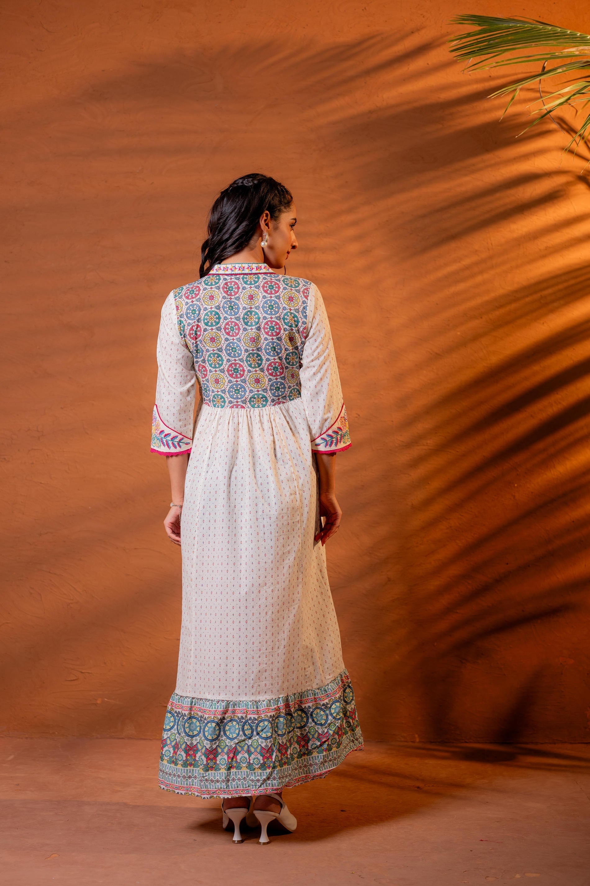 Juniper Ivory Embroidered Flared Midi Dress With Ethnic Motifs