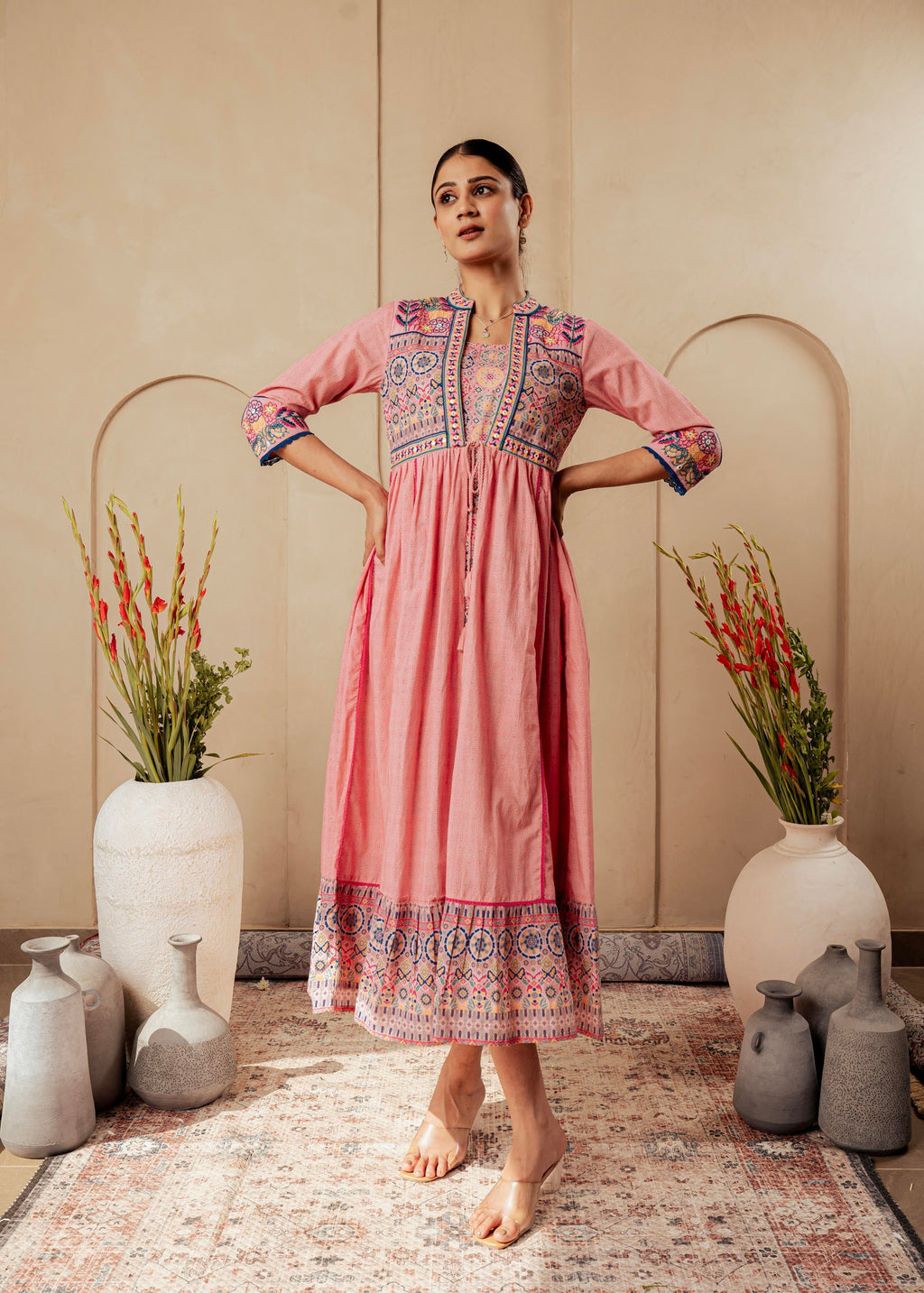 Juniper Onion Pink Embroidered Flared Midi Dress With Ethnic Motifs