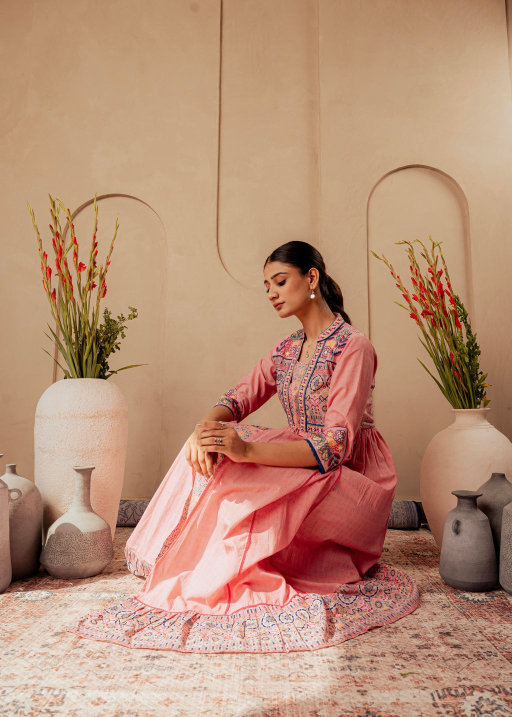 Juniper Onion Pink Embroidered Flared Midi Dress With Ethnic Motifs
