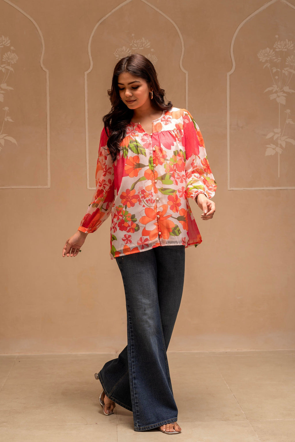 Juniper Man Made Multicolor Fiber Floral Printed Tunic With Button Details