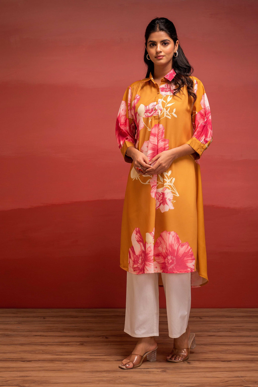 Juniper Mustard Floral Printed A-Line Kurta With Button Detailing