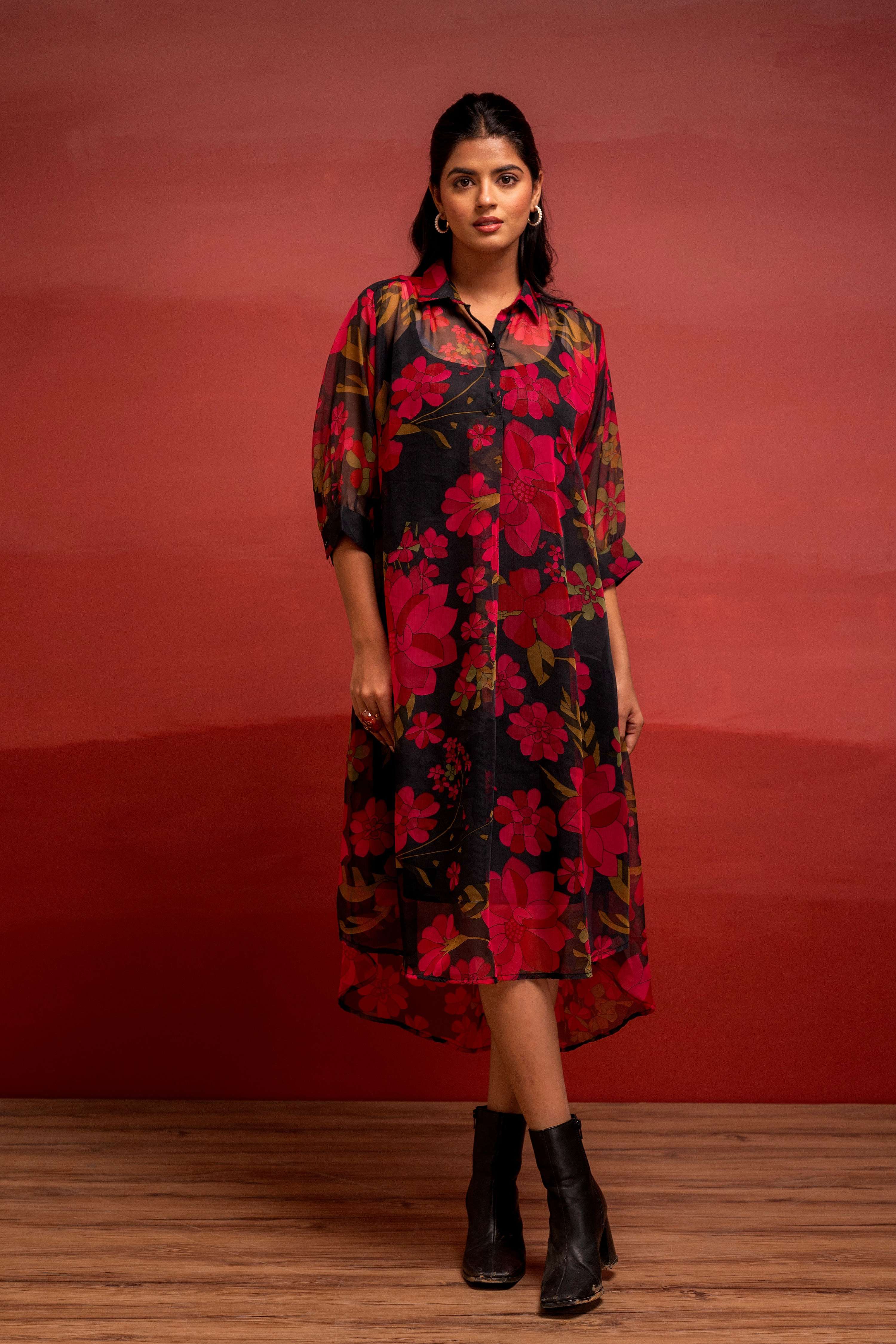Juniper Black Floral Printed A-Line Kurta With Inner And Button Detailing