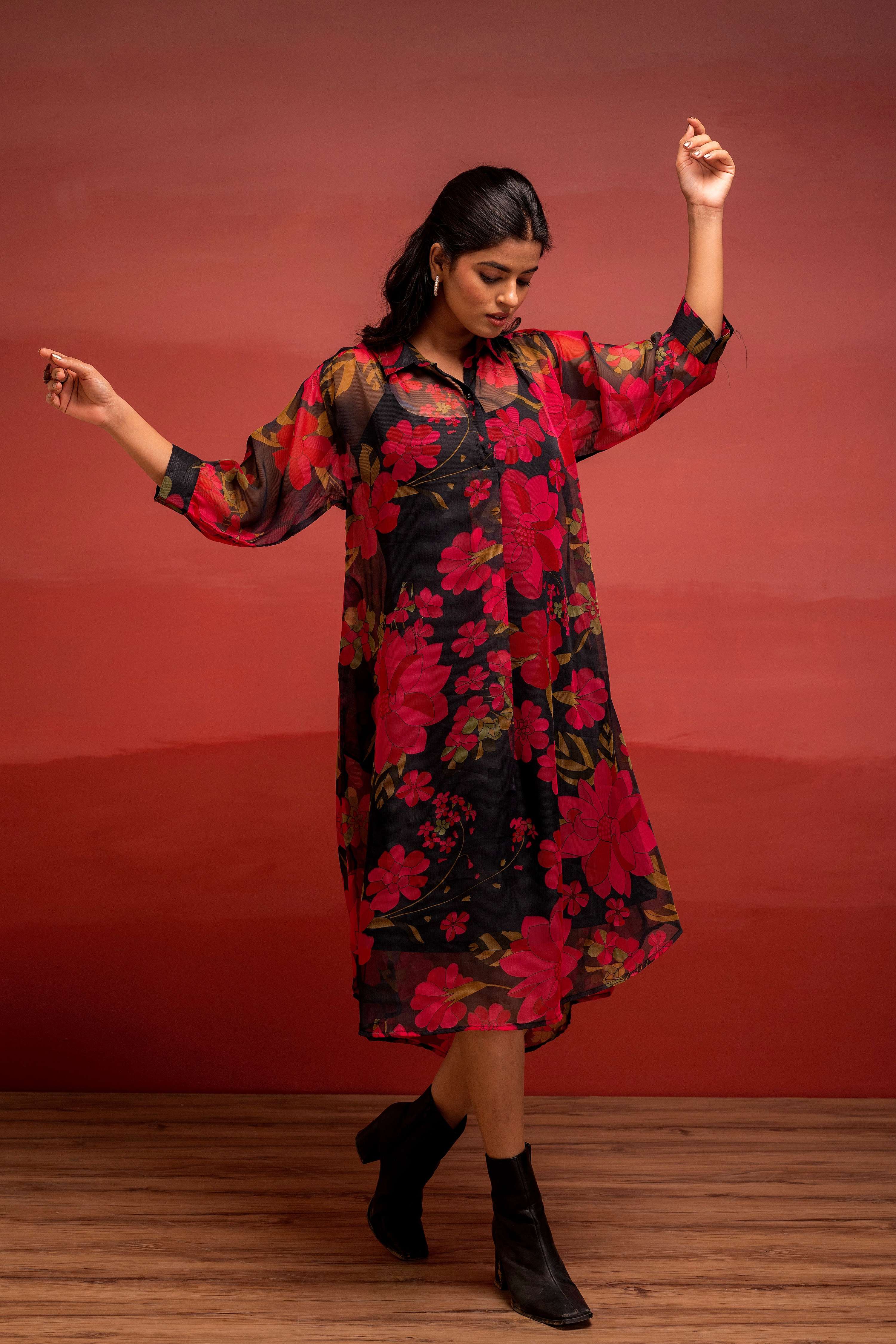 Juniper Black Floral Printed A-Line Kurta With Inner And Button Detailing