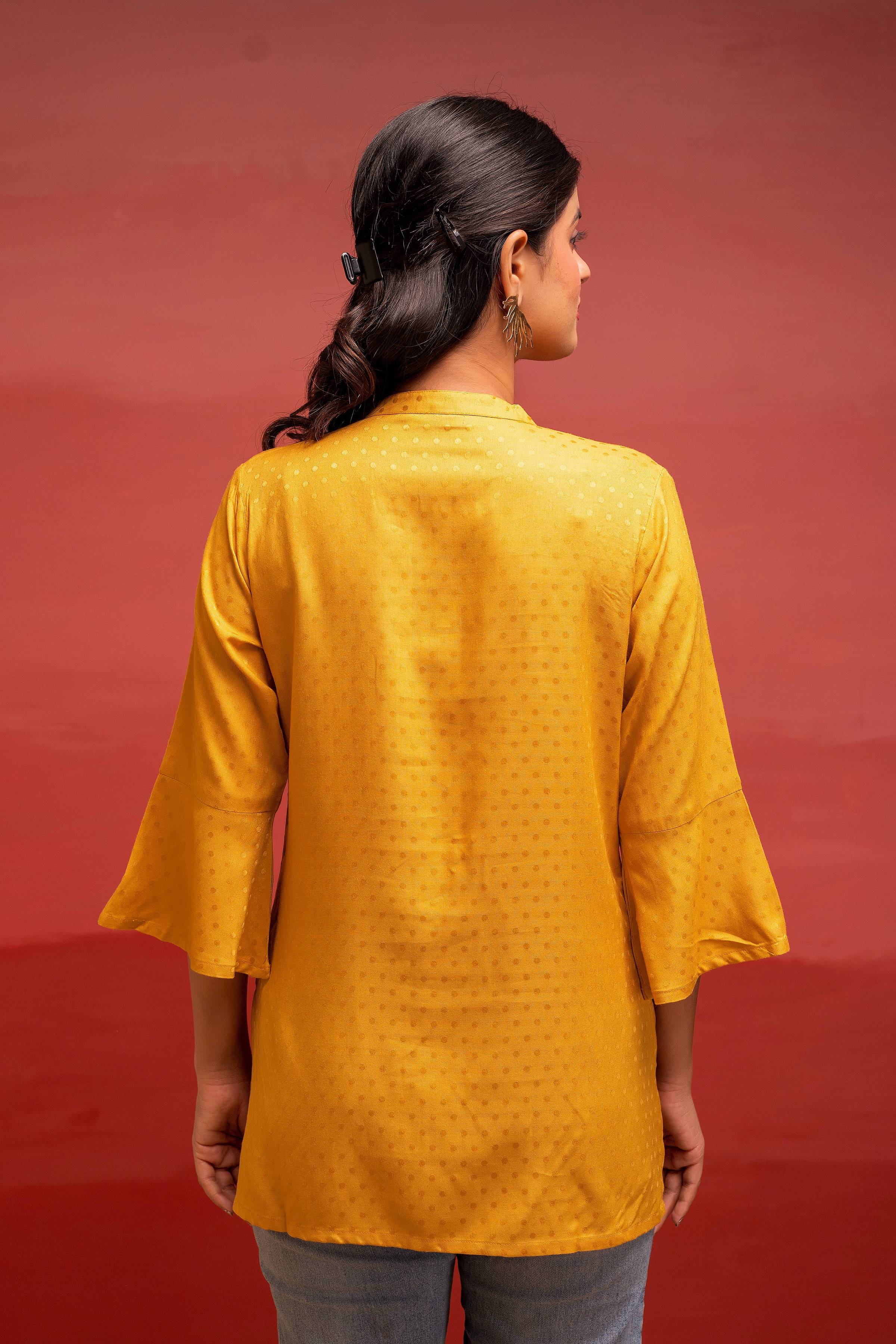Juniper Mustard Polka Dot Viscose Tunic With Thread Work, Mirror & Button Detailing