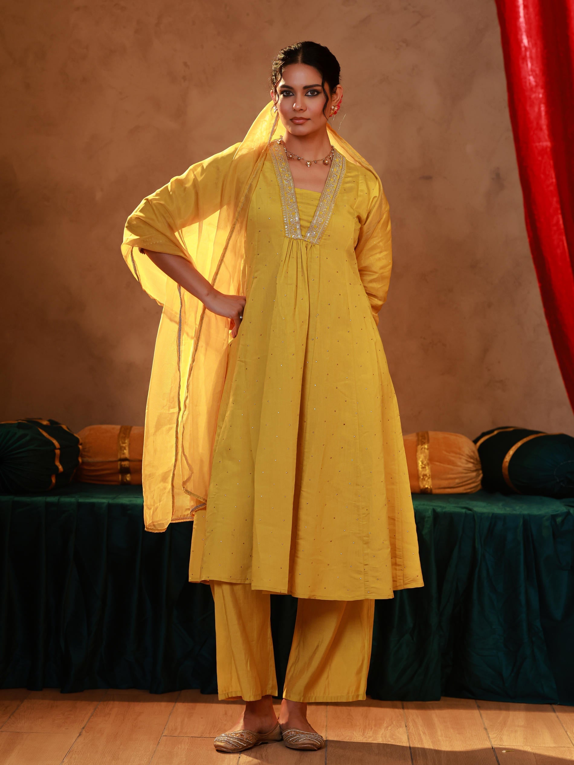 Juniper Yellow Viscose Flared Kurta Pant And Dupatta Set With Zari, Sequin & Lace Work