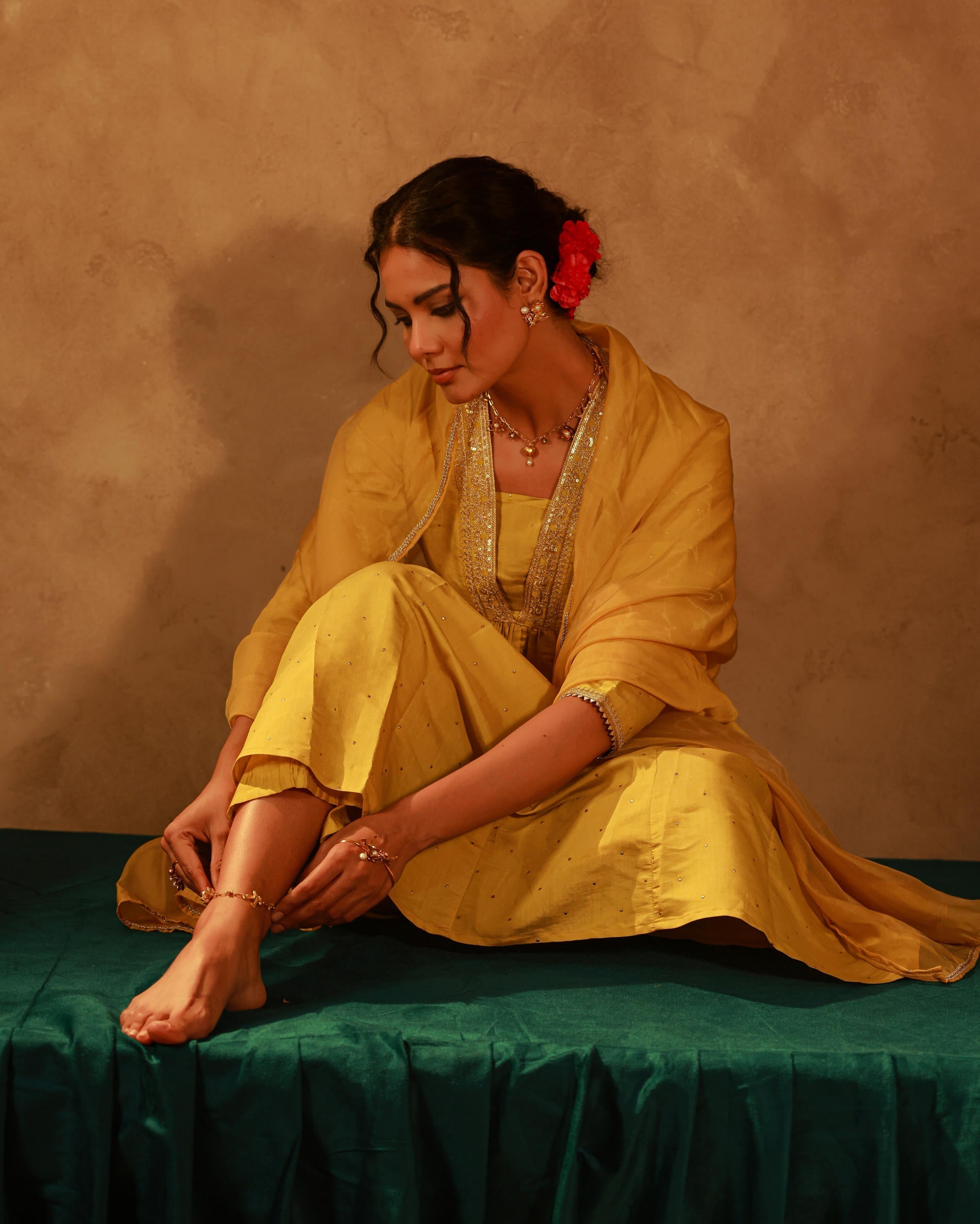 Juniper Yellow Viscose Flared Kurta Pant And Dupatta Set With Zari, Sequin & Lace Work