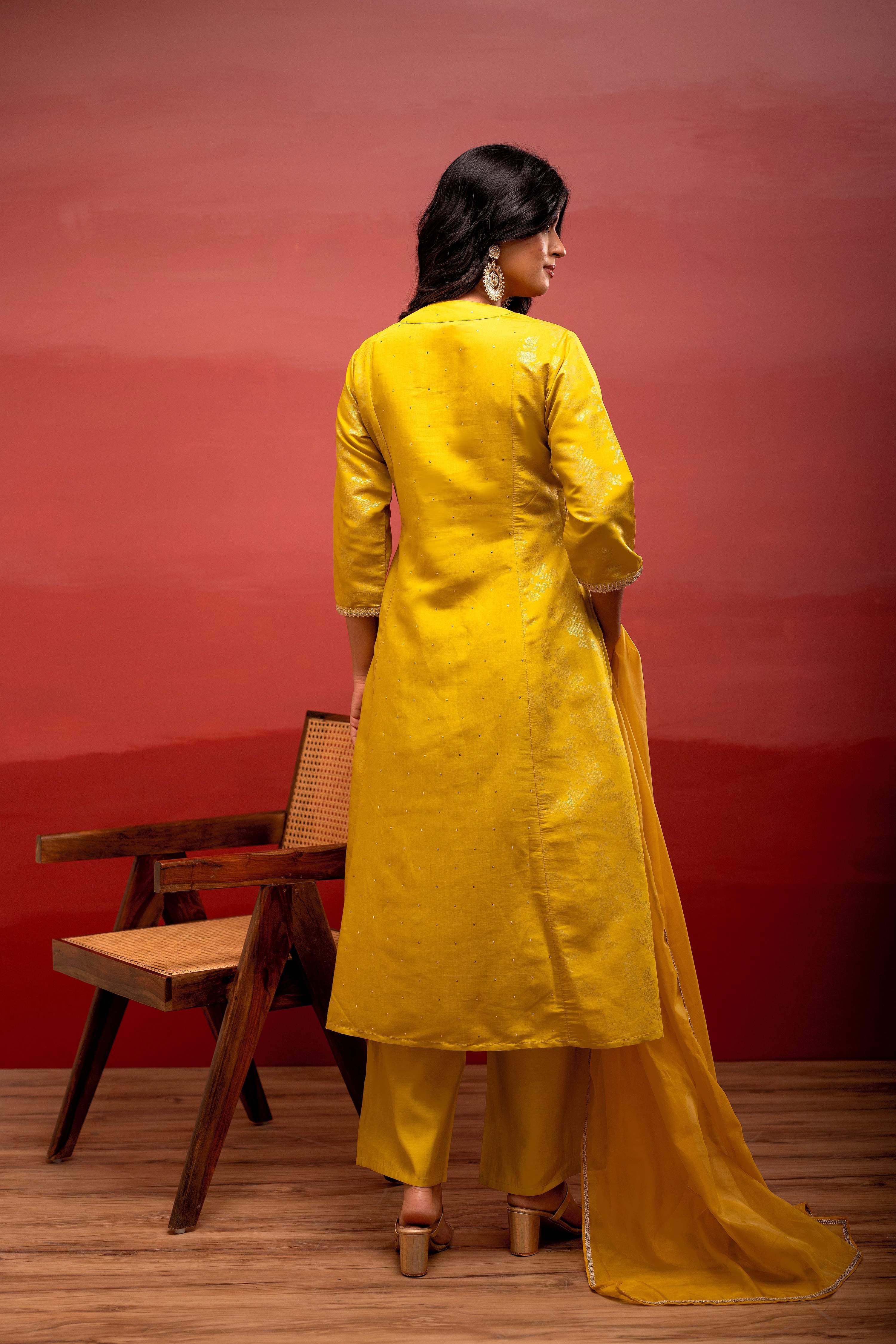 Juniper Yellow Viscose Flared Kurta Pant And Dupatta Set With Zari, Sequin & Lace Work