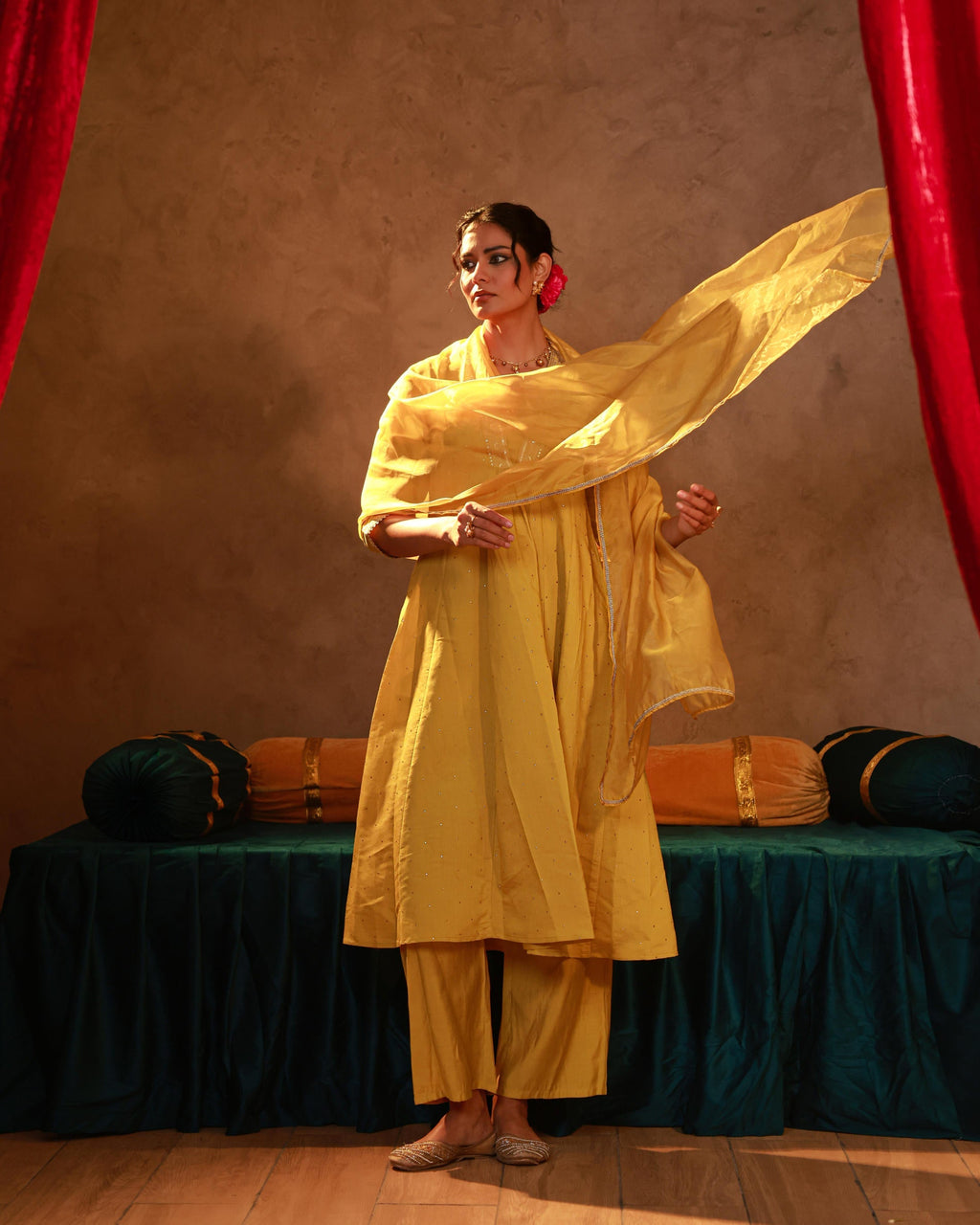 Juniper Yellow Viscose Flared Kurta Pant And Dupatta Set With Zari, Sequin & Lace Work