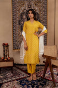 Juniper Mustard Solid Man Made Fiber Kurta, Pant & Dupatta Set With Thread Work