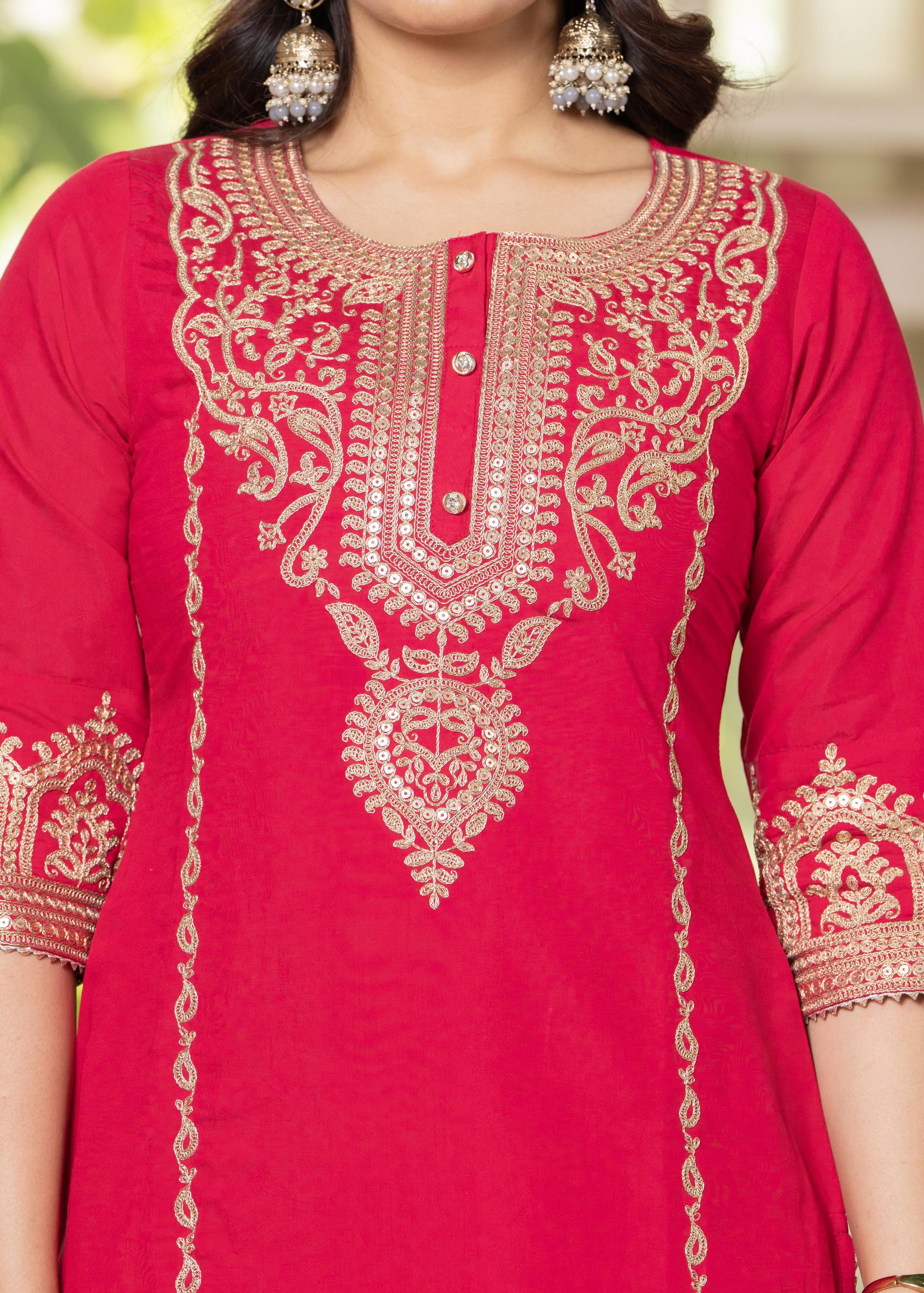 Juniper Viscose Fuchsia Embroidered Kurta Pant And Dupatta Set With Zari Work And Sequin