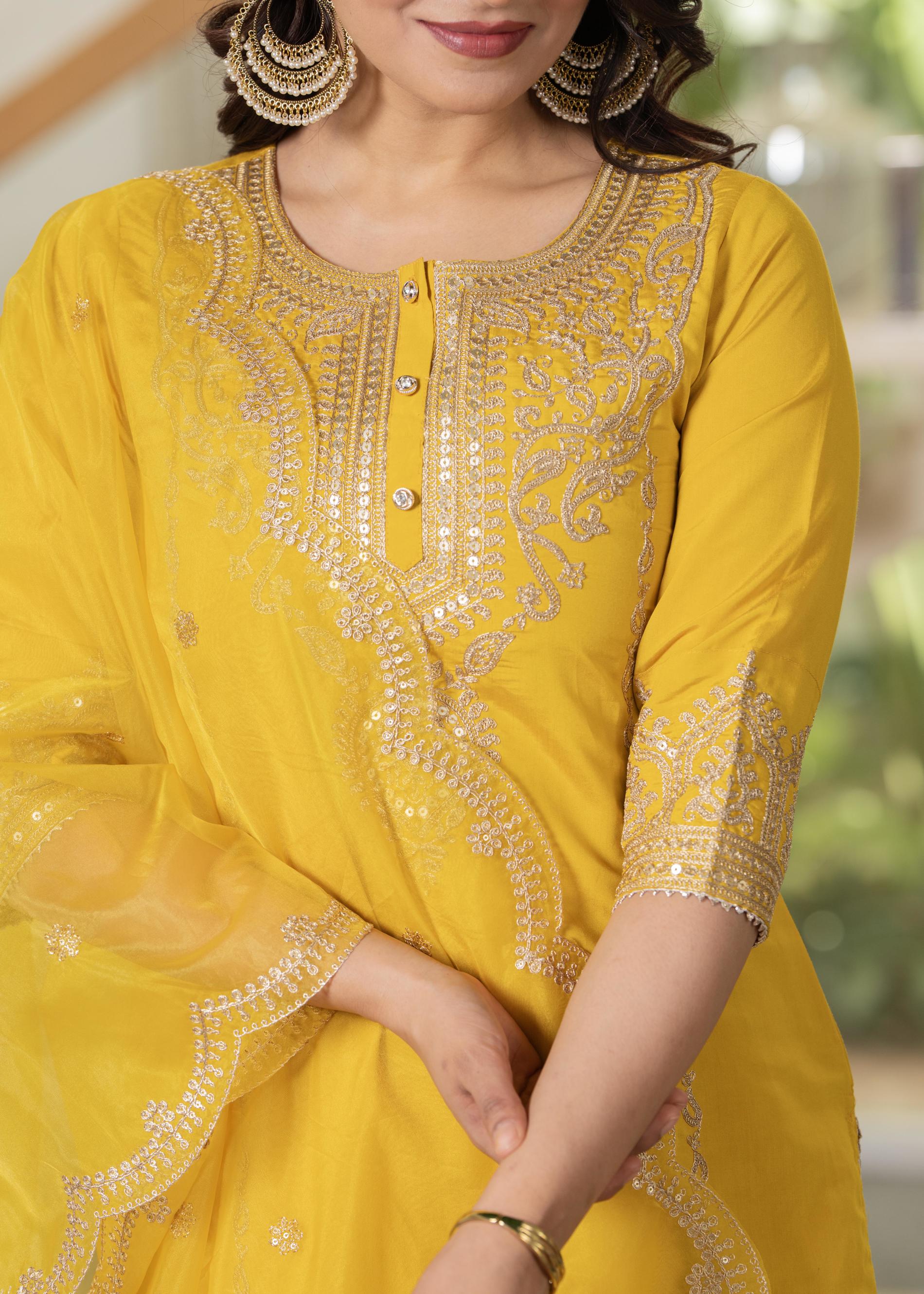 Juniper Viscose Mustard Embroidered Kurta Pant And Dupatta Set With Zari Work And Sequin