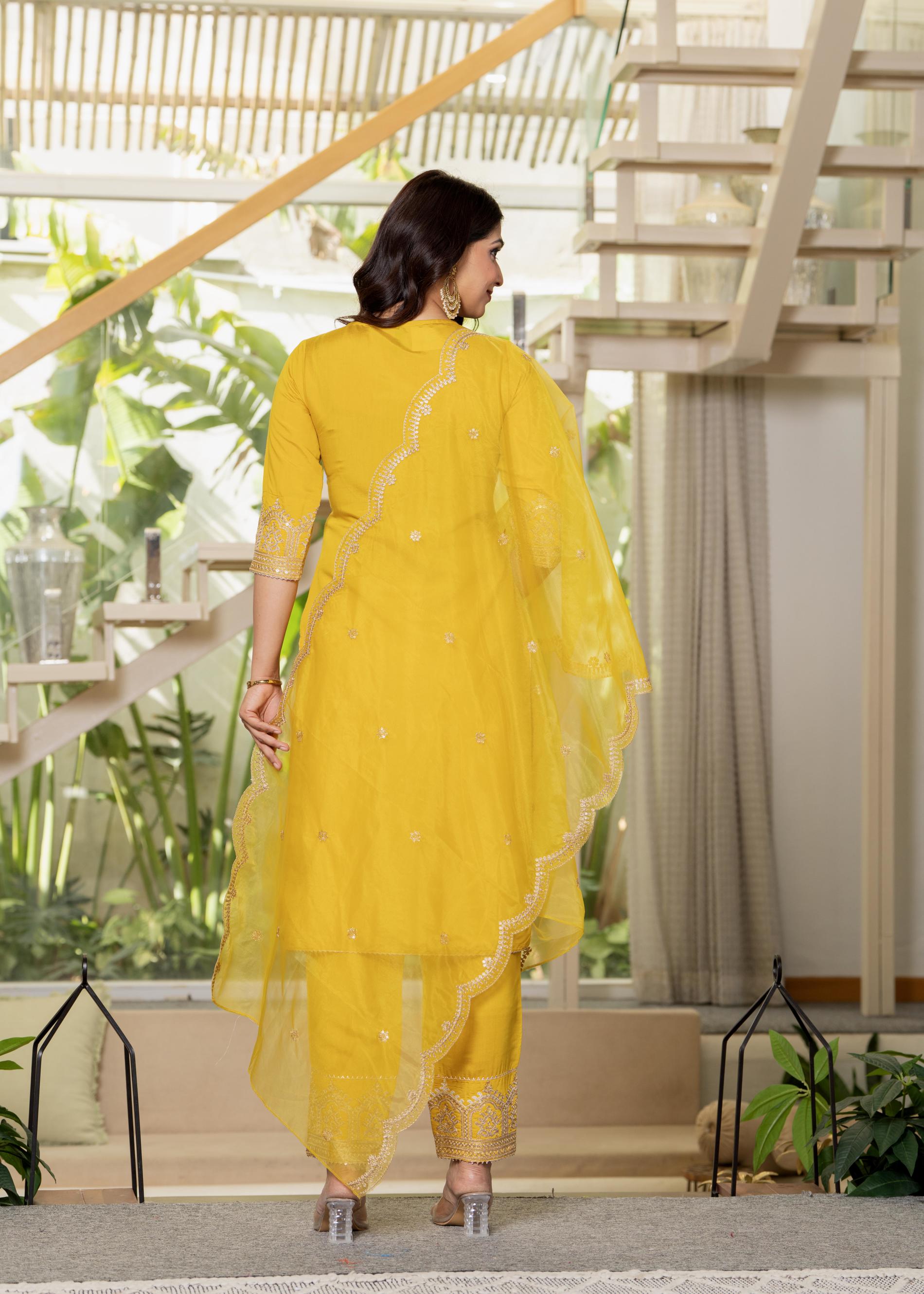 Juniper Viscose Mustard Embroidered Kurta Pant And Dupatta Set With Zari Work And Sequin