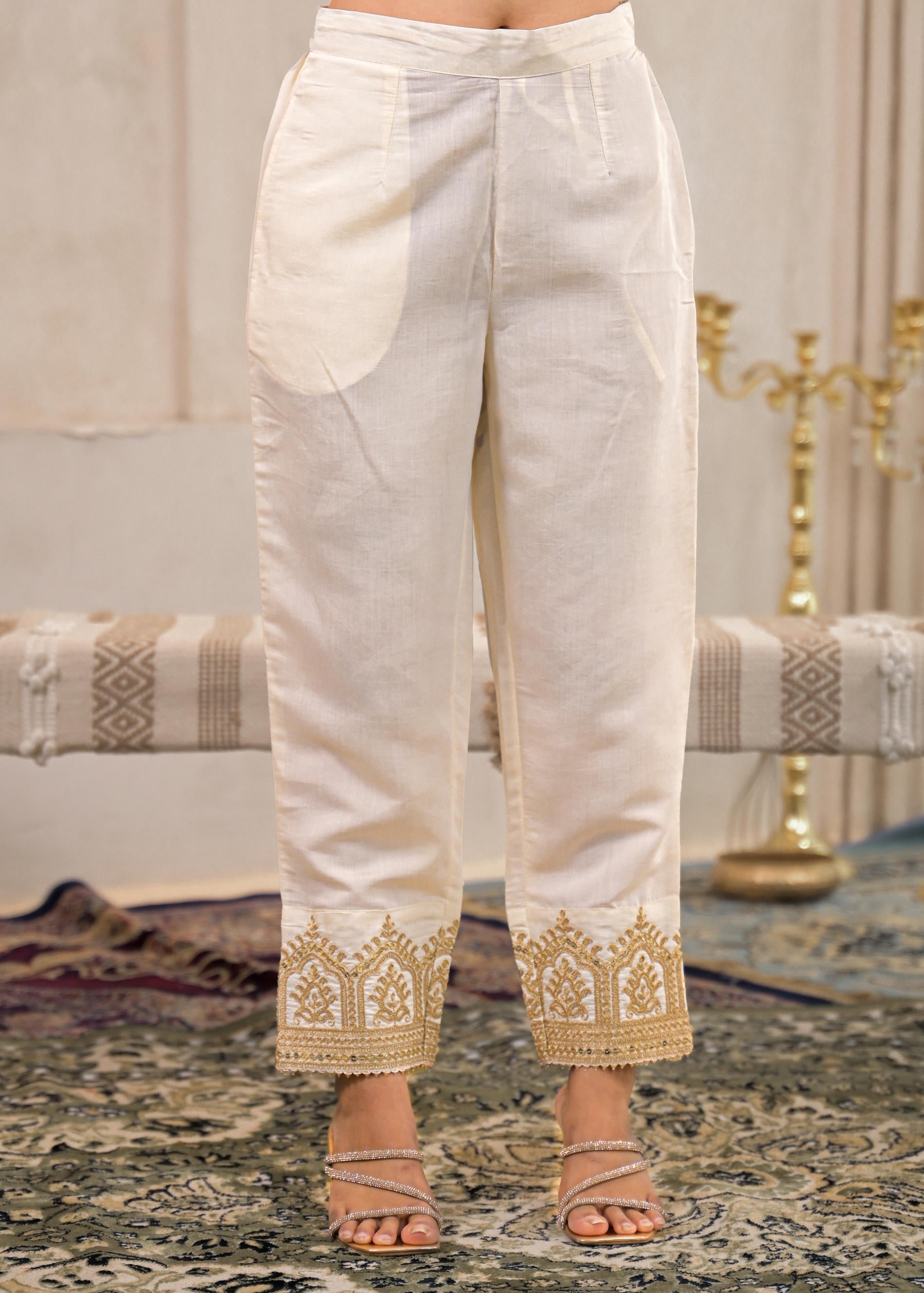 Juniper Viscose Off White Embroidered Kurta Pant And Dupatta Set With Zari Work And Sequin