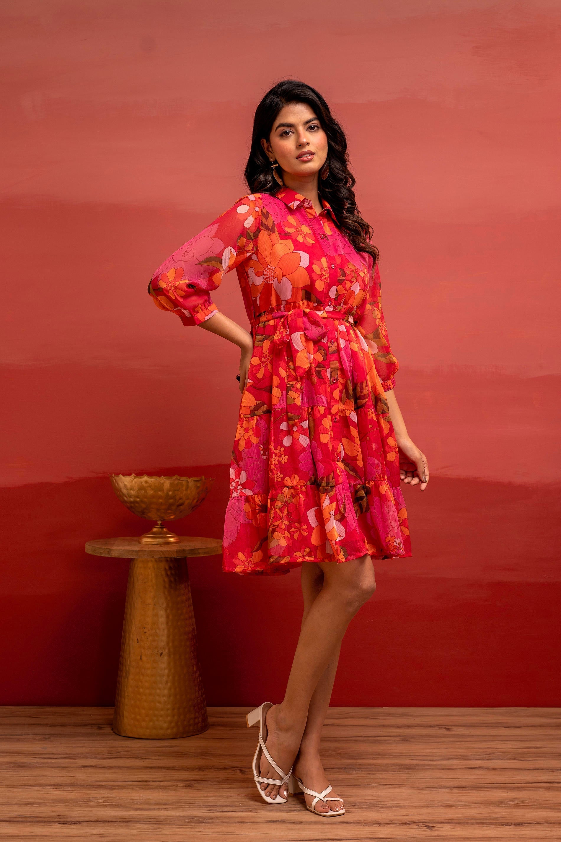 Juniper Man Made Fiber Fuchsia Floral Printed Short Dress With Belt