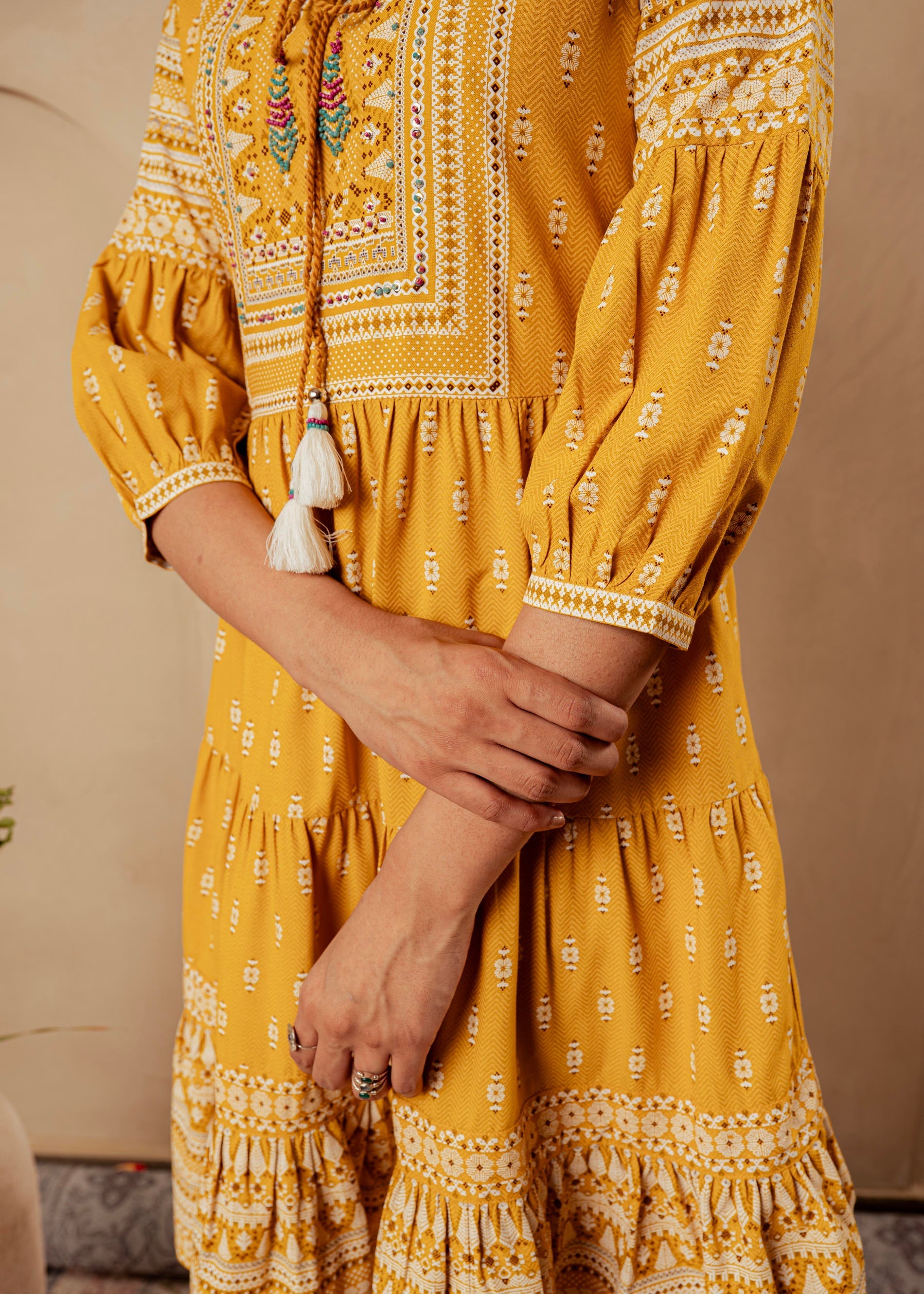 Juniper Mustard Ethnic Motifs Viscose Tiered Short Dress With Beads, Sequence, Dori