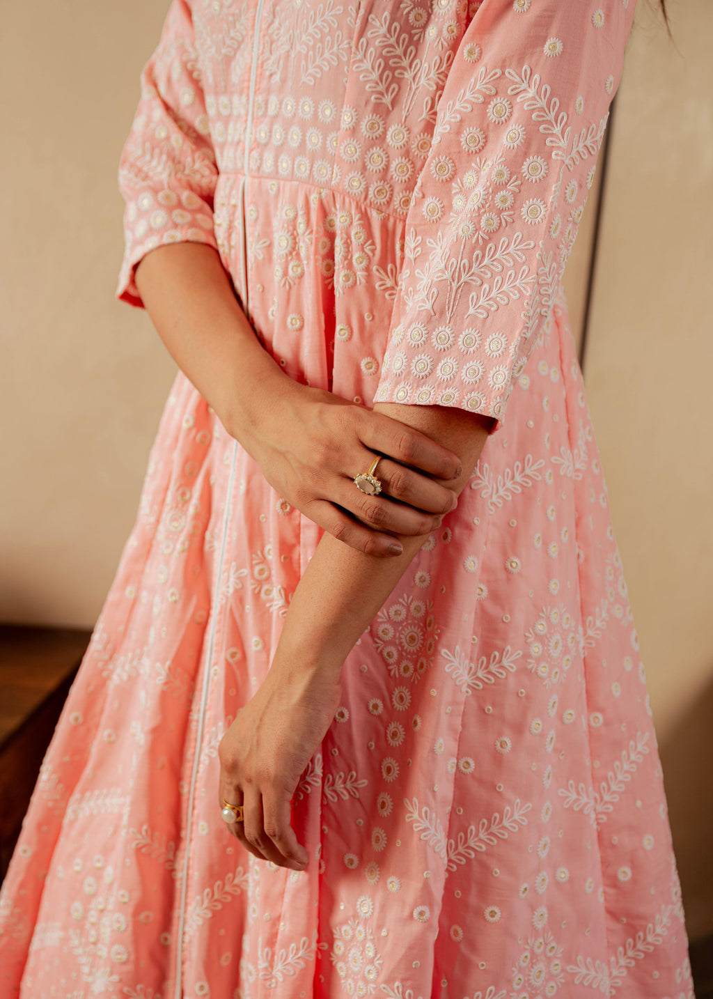 Juniper Peach Solid Panelled Long Dress With Thread Work