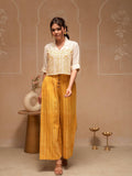 Juniper Off White Mustard Solid Viscose Top And Printed Cotton Pants Co-Ord Set With Thread Work And Buttons