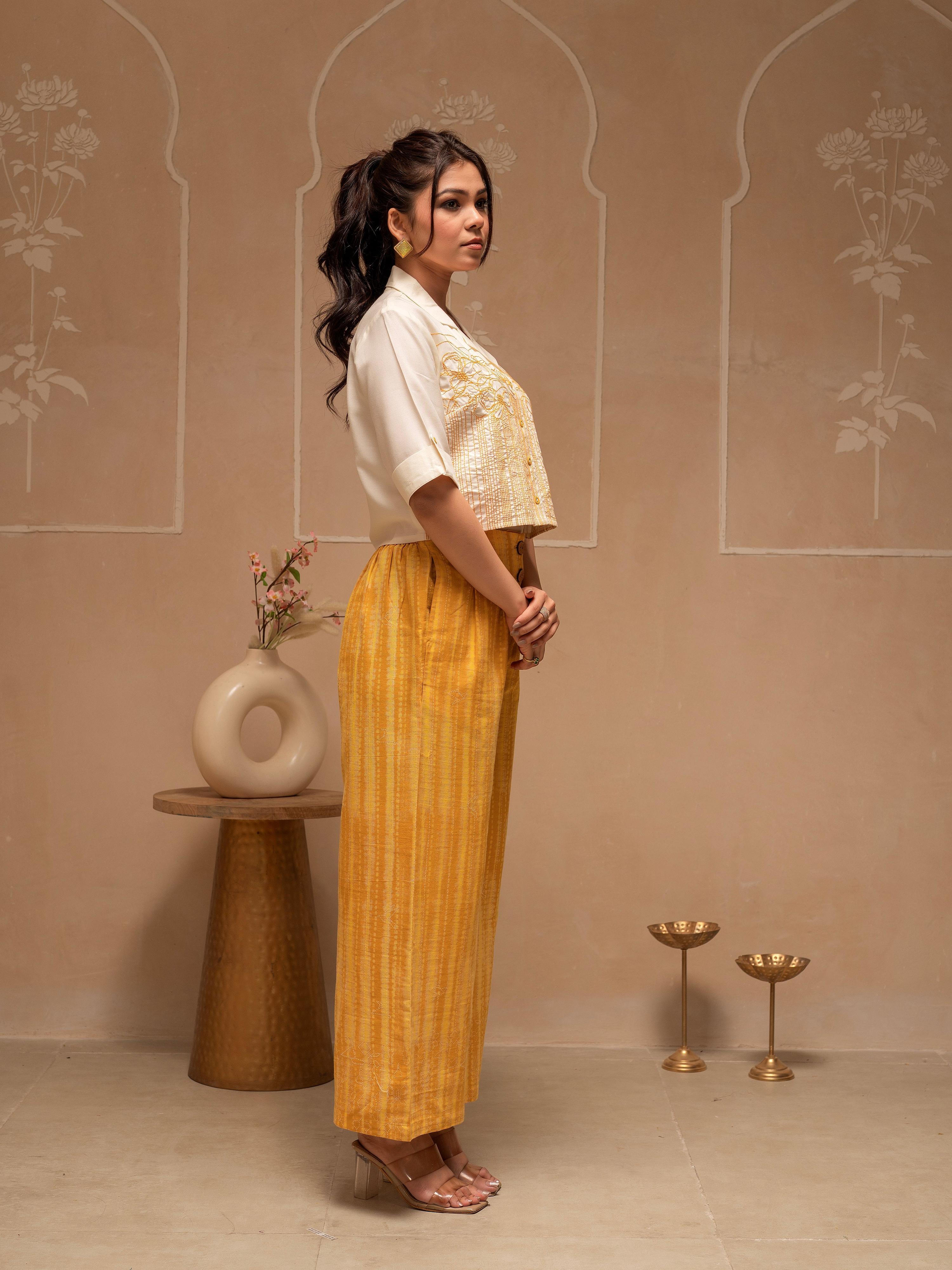 Juniper Off White Mustard Solid Viscose Top And Printed Cotton Pants Co-Ord Set With Thread Work And Buttons