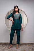 Juniper Bottlegreen Solid Viscose Gathered Tunic And Pants Co-Ord Set With Thread Work