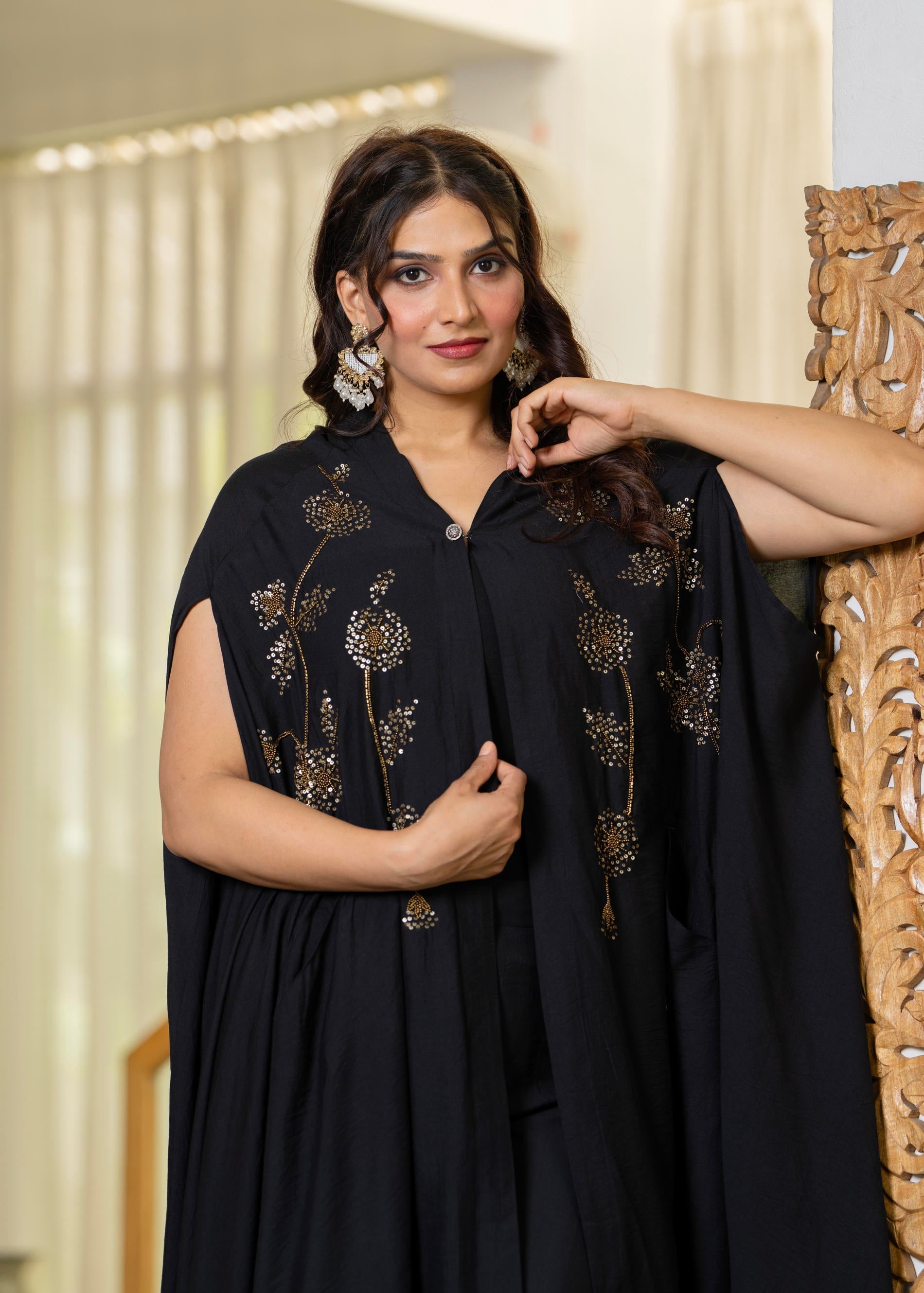 Juniper Black Embroidered Cape Co-Ord Set