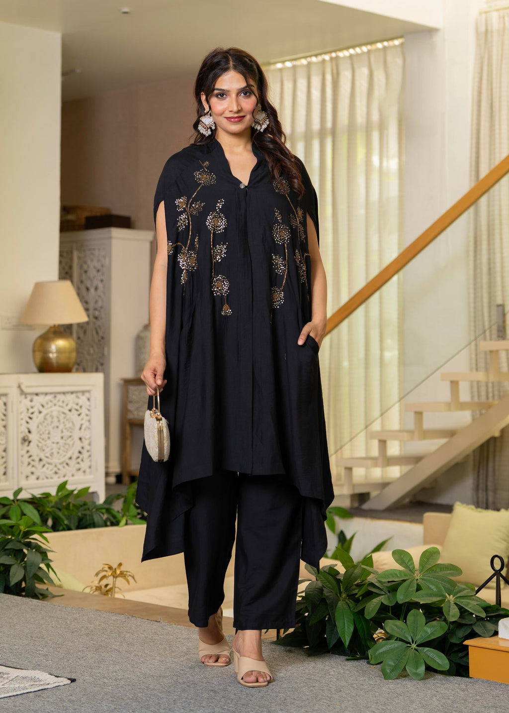Juniper Black Embroidered Cape Co-Ord Set