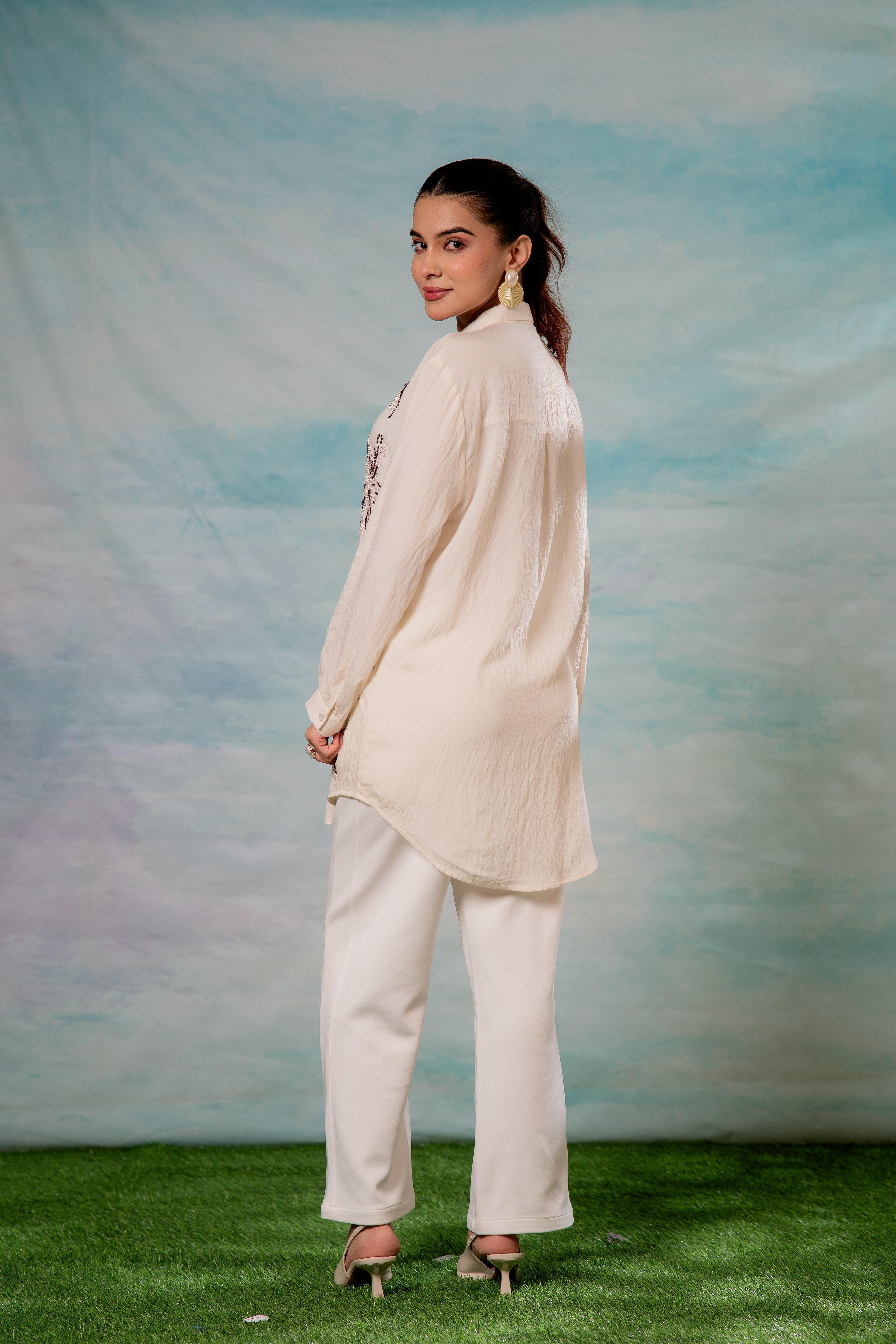 Juniper Viscose Off White Embellished Shirt With Bead Details