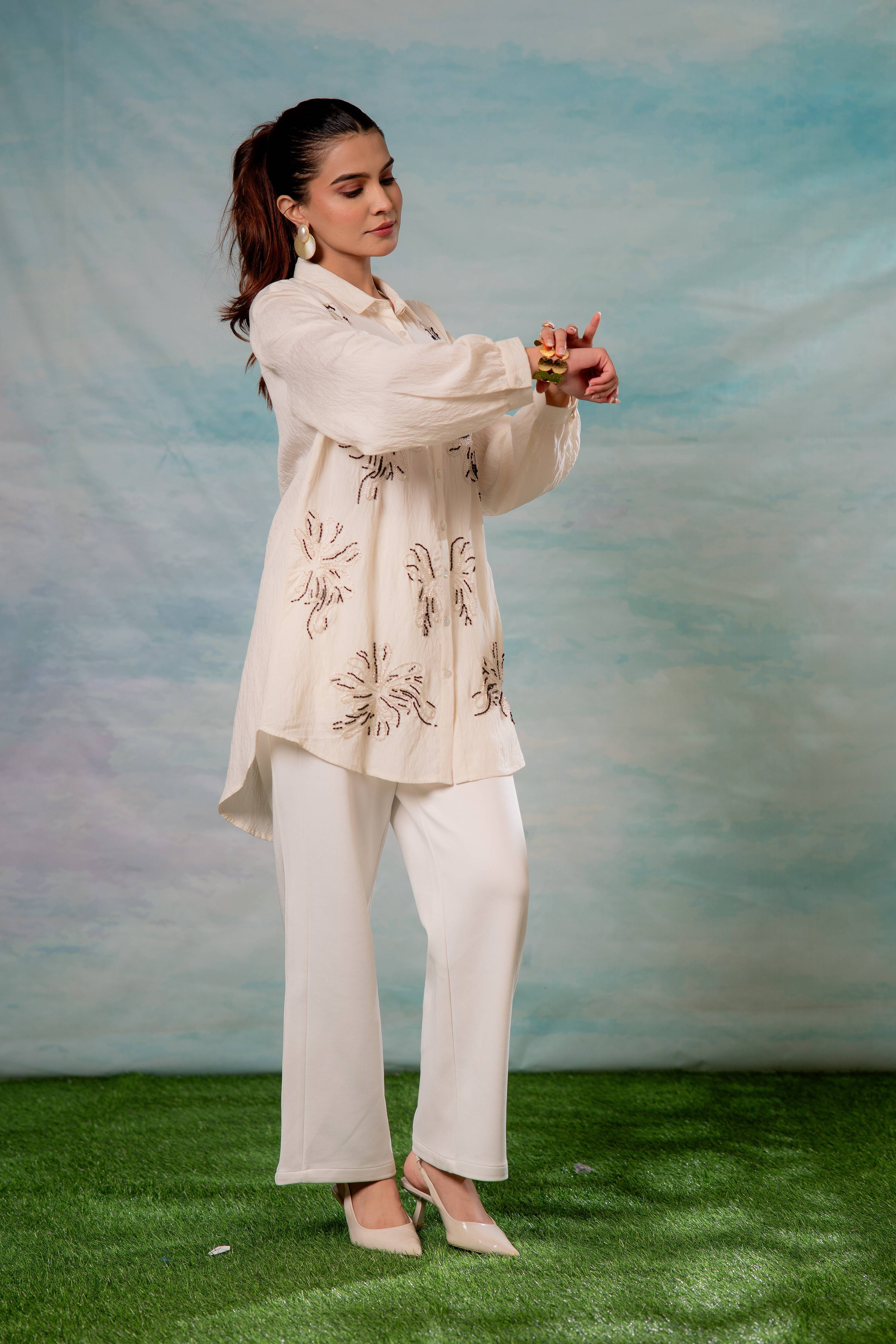 Juniper Viscose Off White Embellished Shirt With Bead Details
