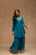 Juniper Teal Solid Poly Georgette Tunic And Sharara Co-Ord Set With Sequence And Zari Work