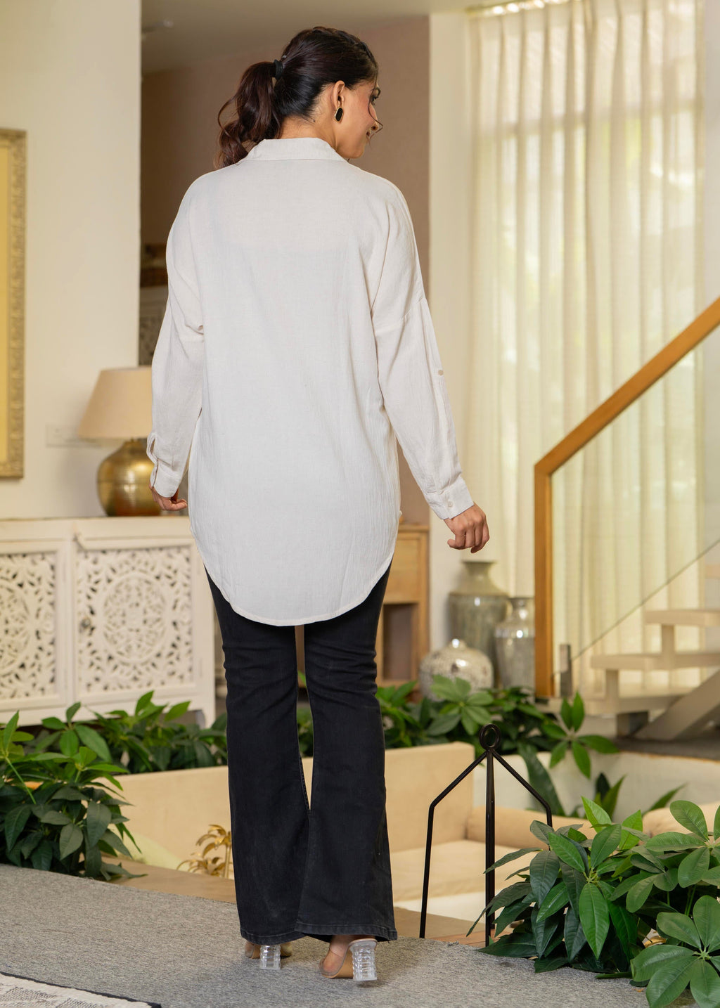 Juniper Viscose Linen Off White Embellished Shirt With Sequin & Bead Details