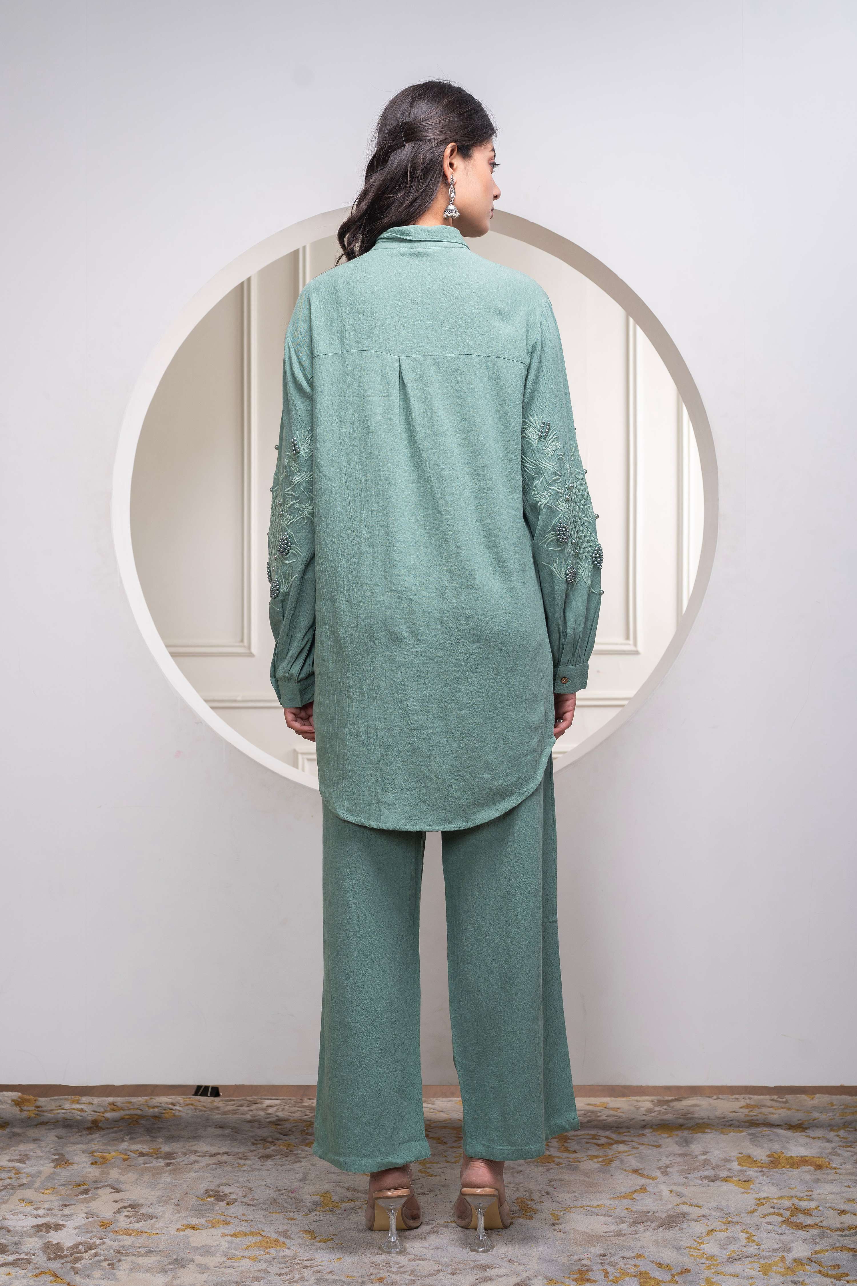 Juniper Sage Green Embellished Viscose Co-Ord Set With Bead Details
