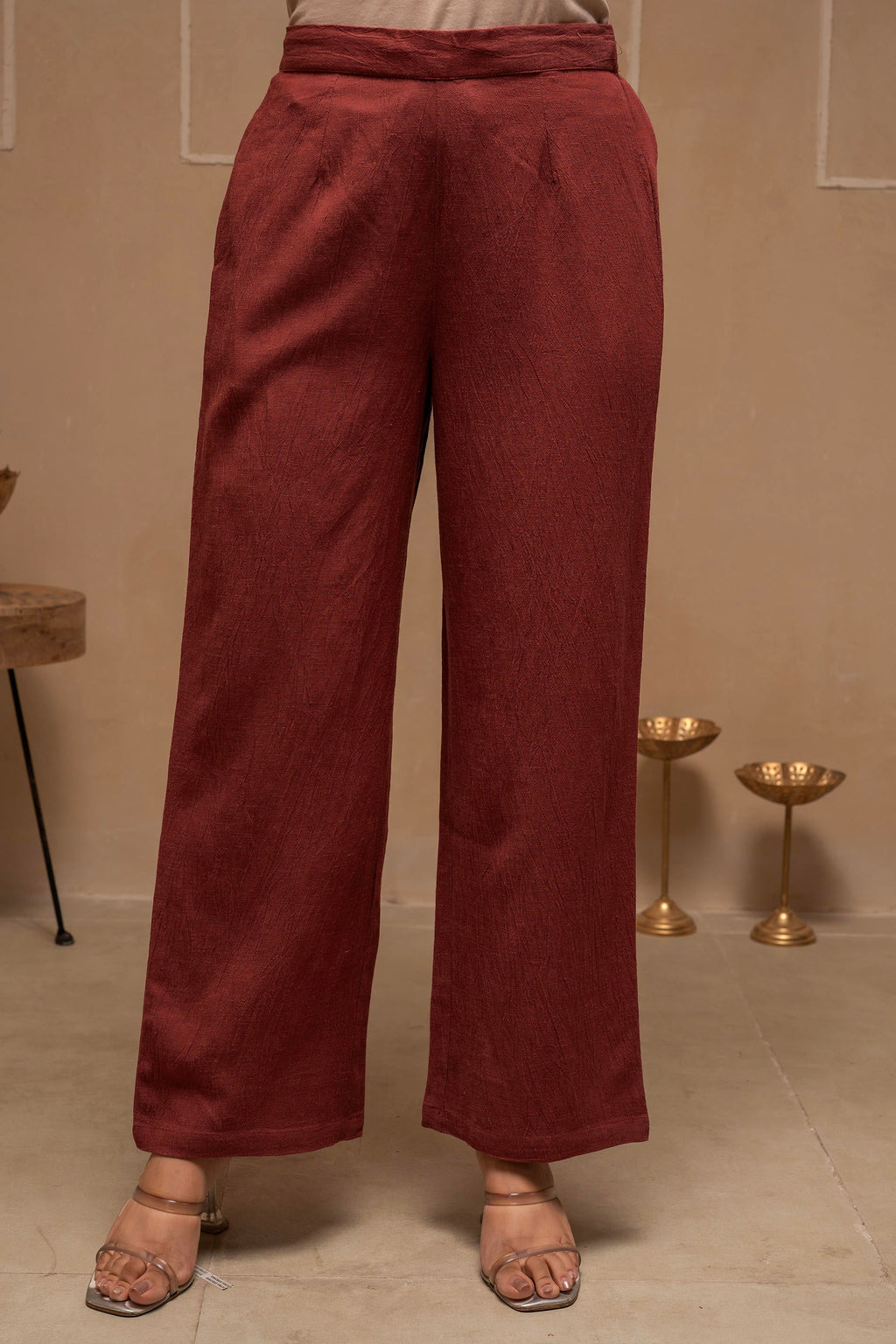 Juniper Brown Embellished Viscose-Linen Co-Ord Set With Sequin Detailing