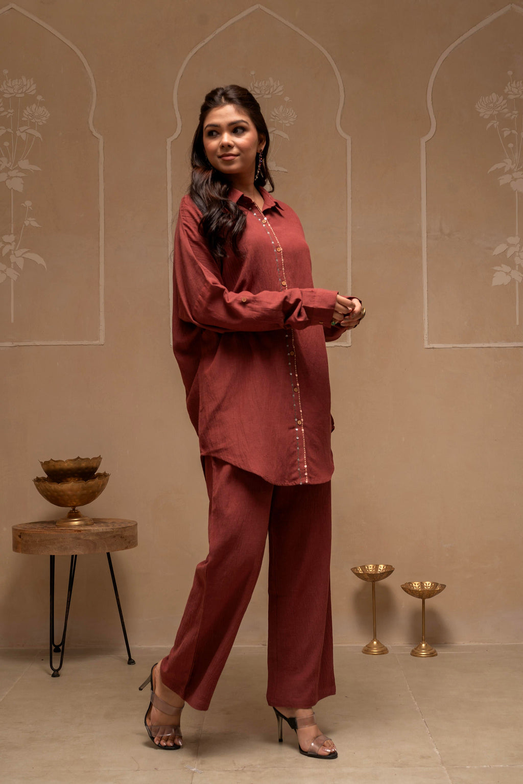 Juniper Brown Embellished Viscose-Linen Co-Ord Set With Sequin Detailing