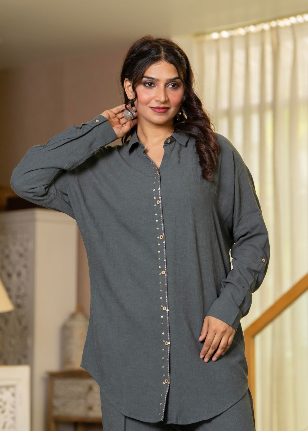 Juniper Grey Embellished Viscose-Linen Co-Ord Set With Sequin Detailing