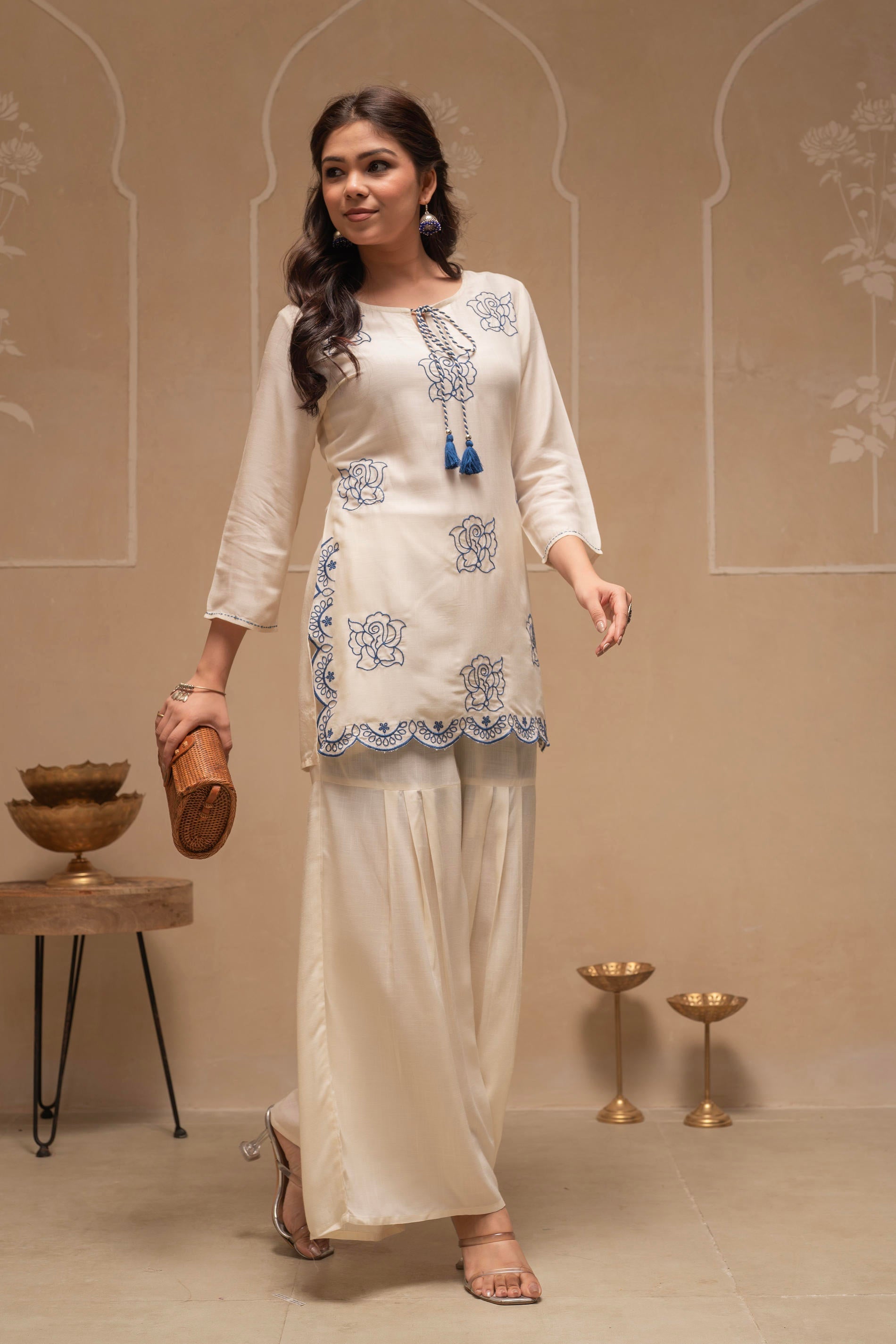 Juniper Off White Solid Viscose Tunic And Pants Co-Ord Set With Thread Work And Sequence