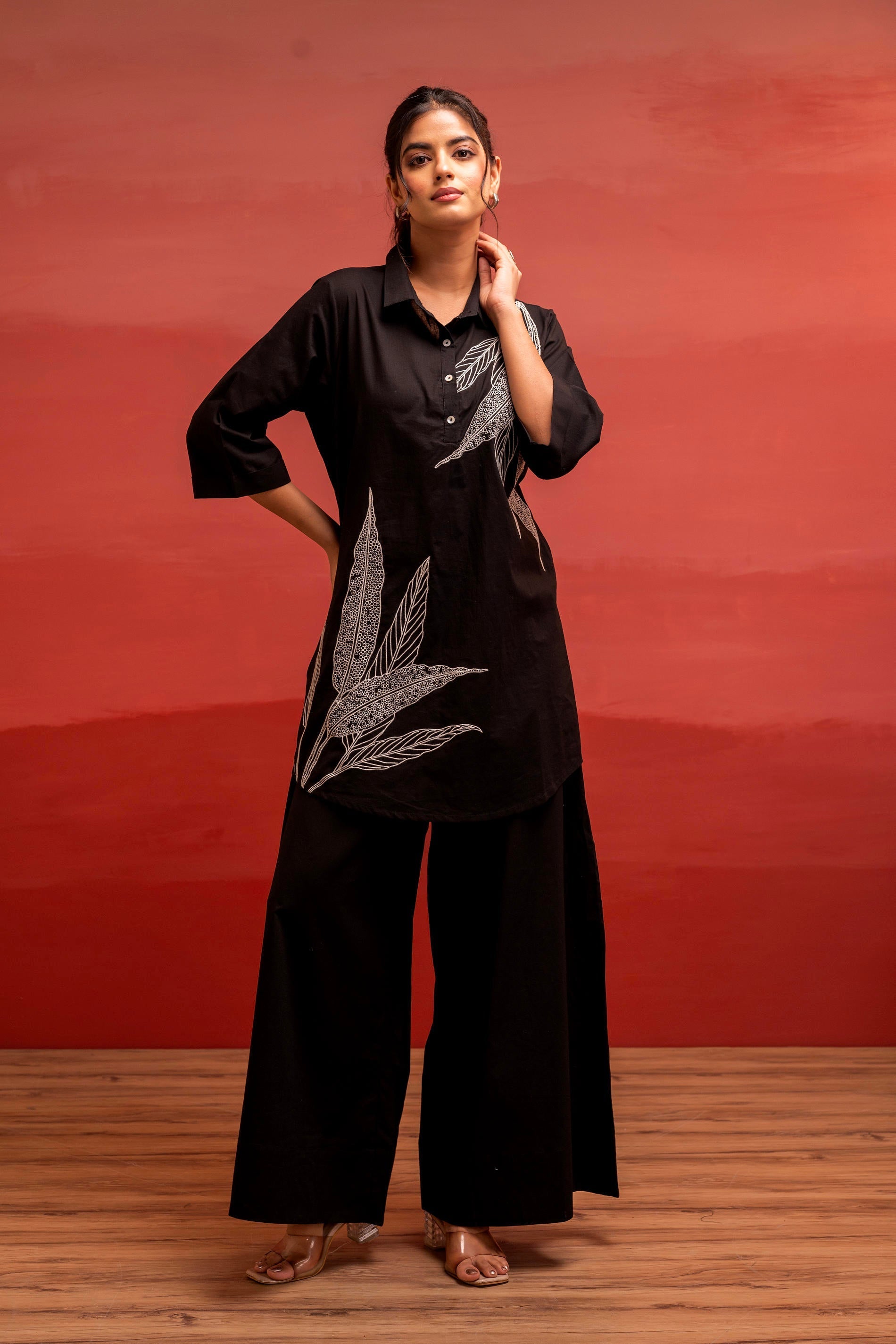 Juniper Black Solid Cotton Shirt And Pants Co-Ord Set With Thread Work