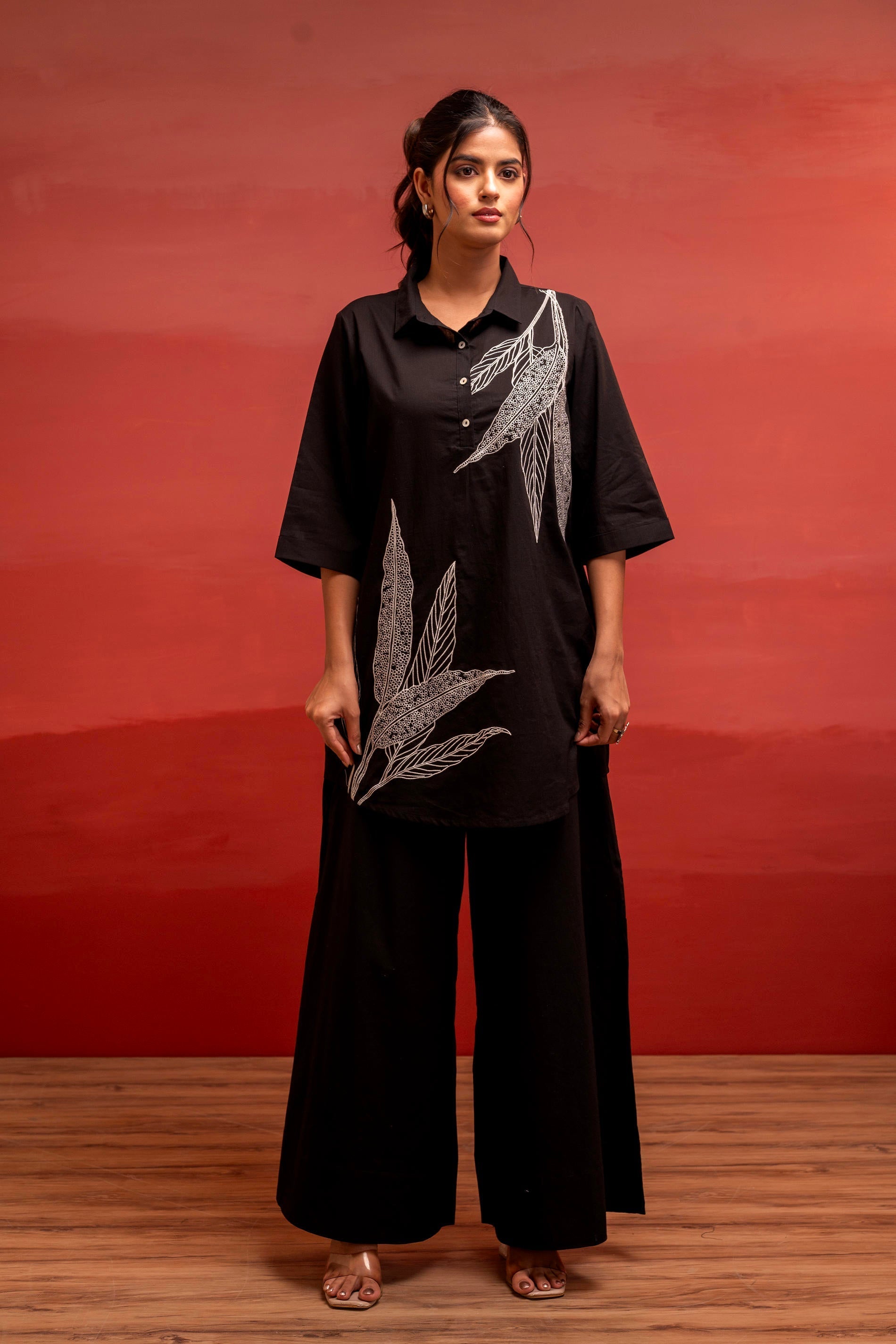 Juniper Black Solid Cotton Shirt And Pants Co-Ord Set With Thread Work