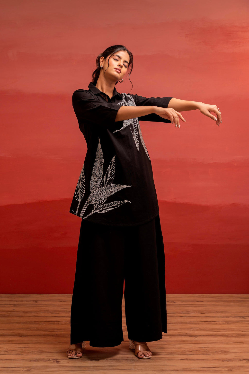 Juniper Black Solid Cotton Shirt And Pants Co-Ord Set With Thread Work