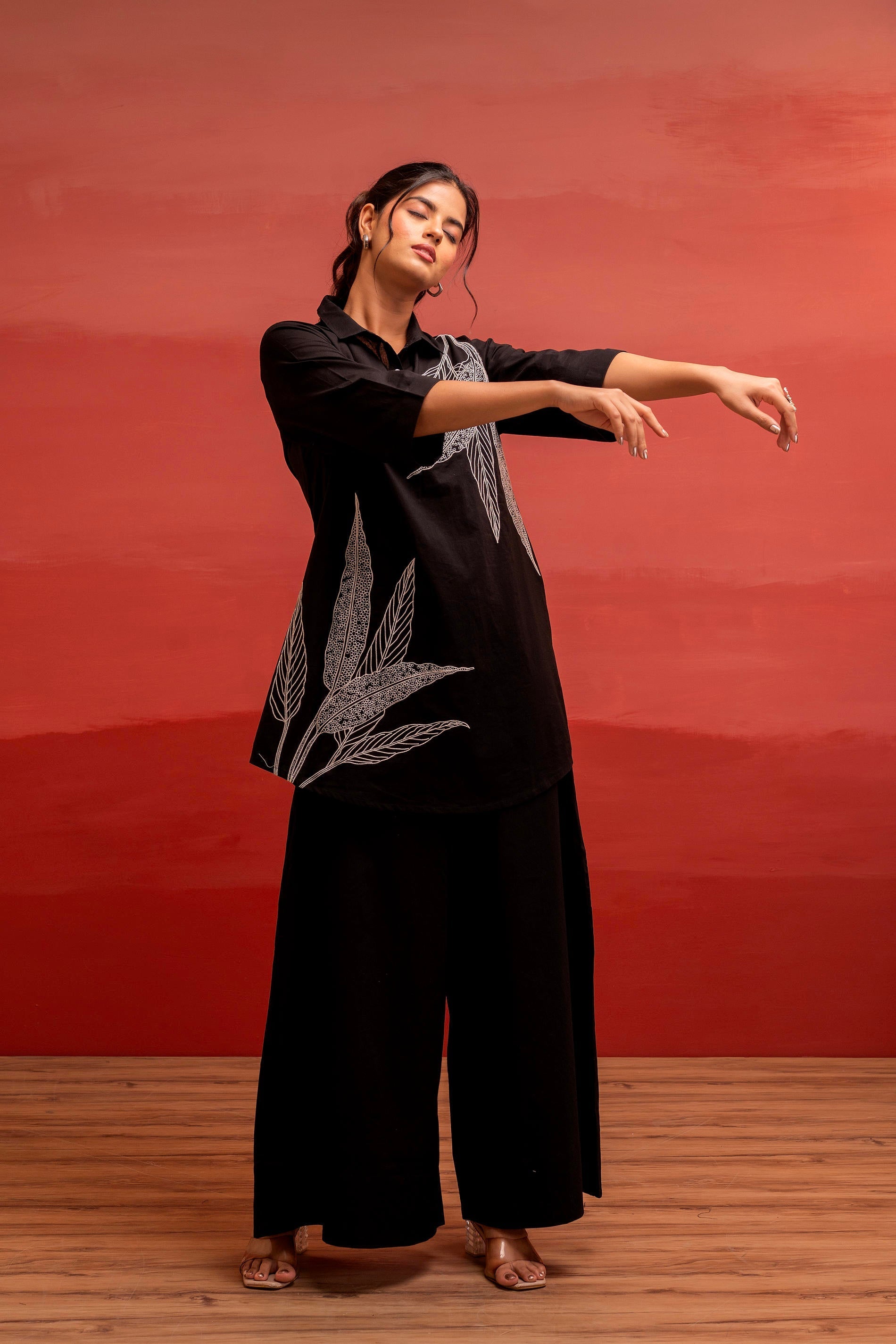 Juniper Black Solid Cotton Shirt And Pants Co-Ord Set With Thread Work