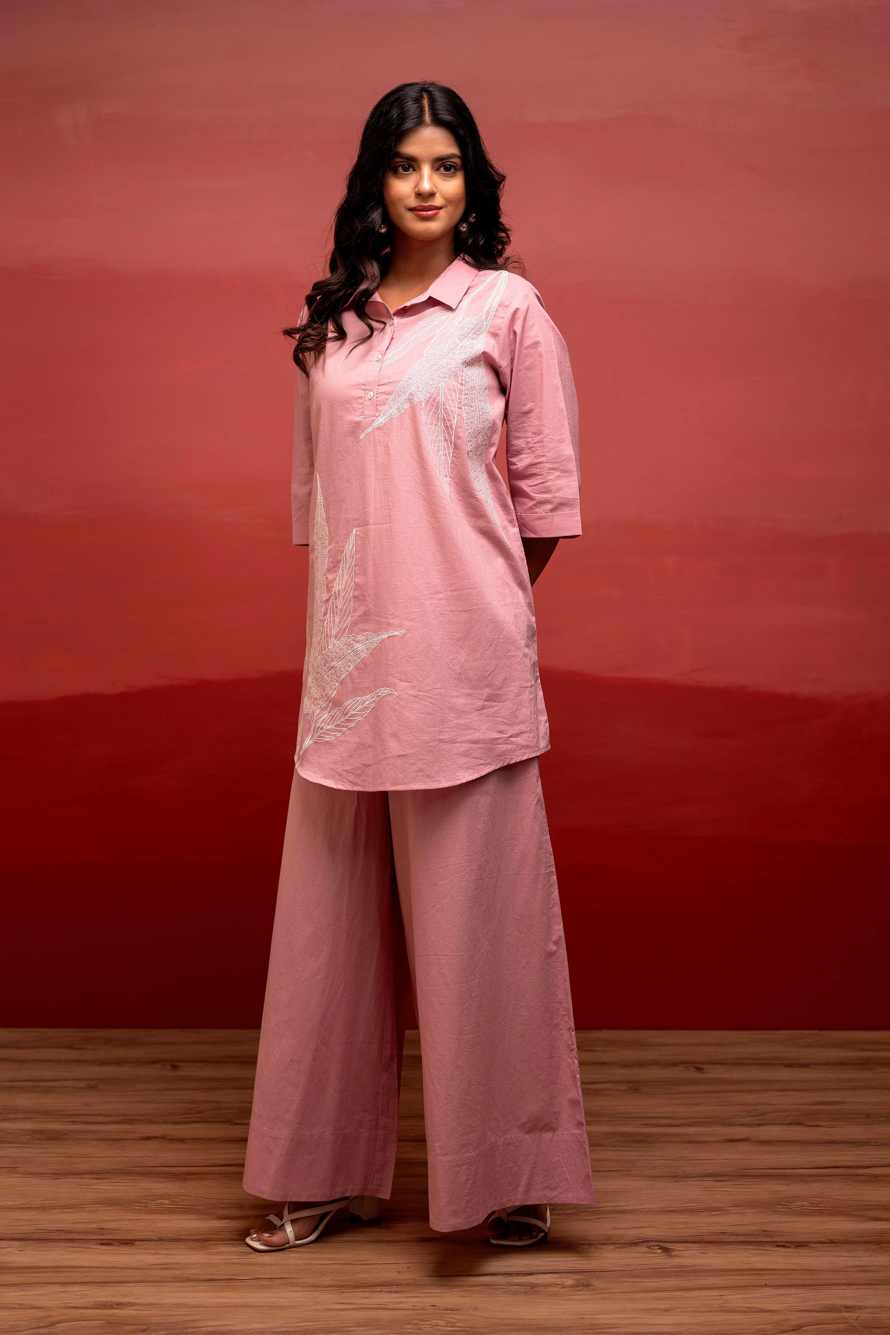 Juniper Onion Pink Solid Cotton Shirt And Pants Co-Ord Set With Thread Work