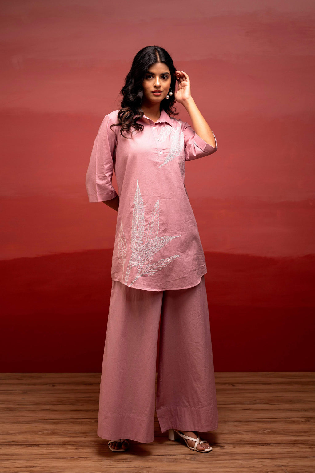 Juniper Onion Pink Solid Cotton Shirt And Pants Co-Ord Set With Thread Work