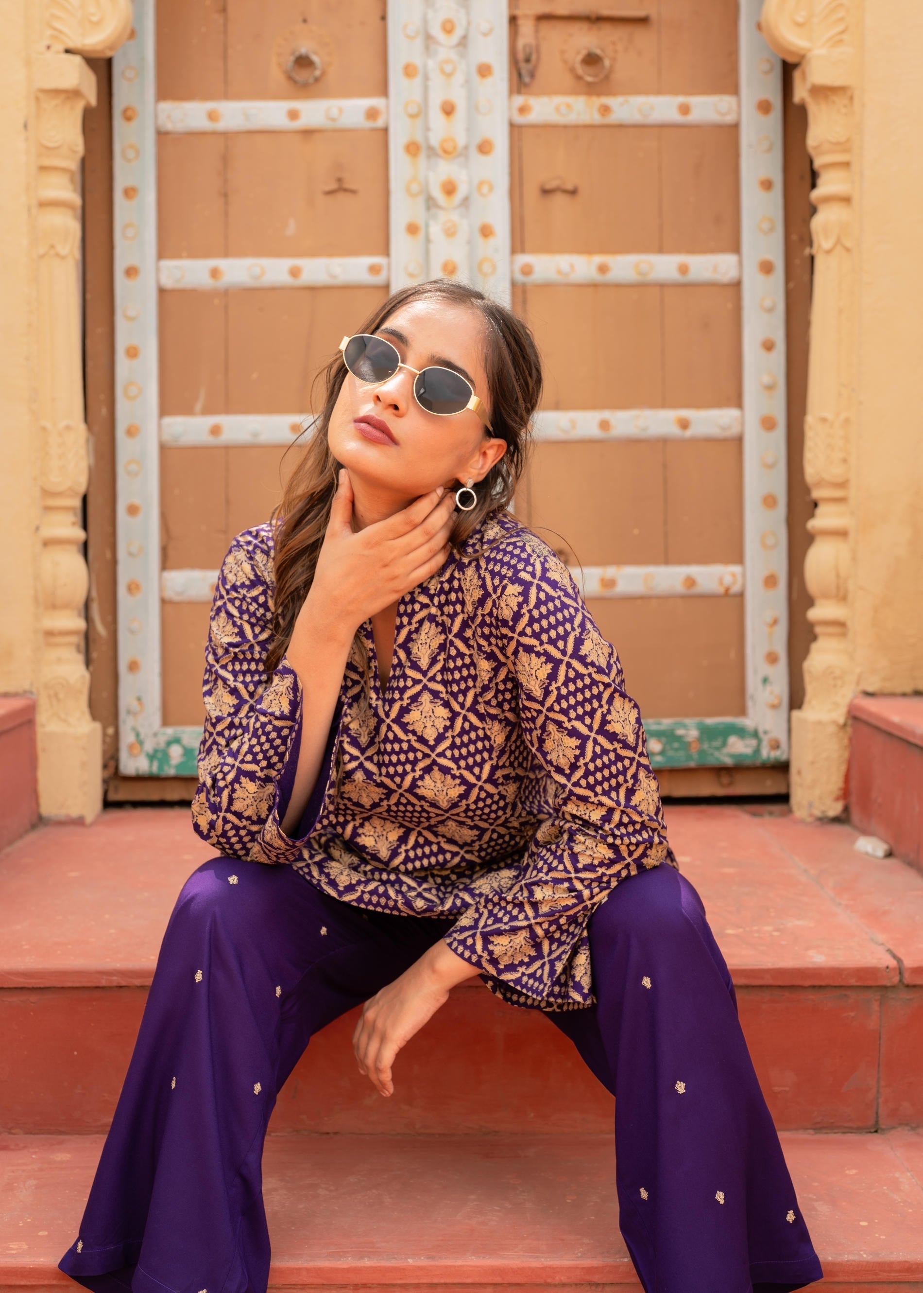 Juniper Purple Gold Geometric Printed Kurta With Pants